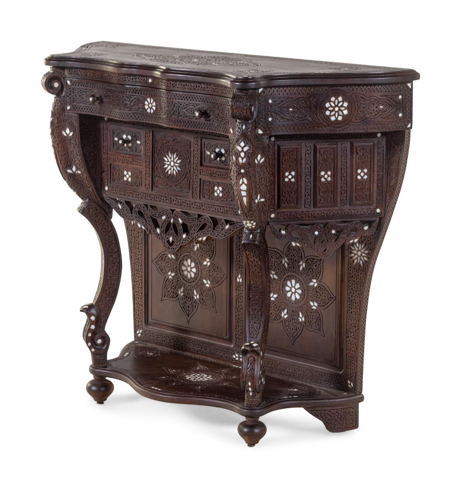 A Syrian Mother-of-Pearl Inlaid Carved Walnut Console Table