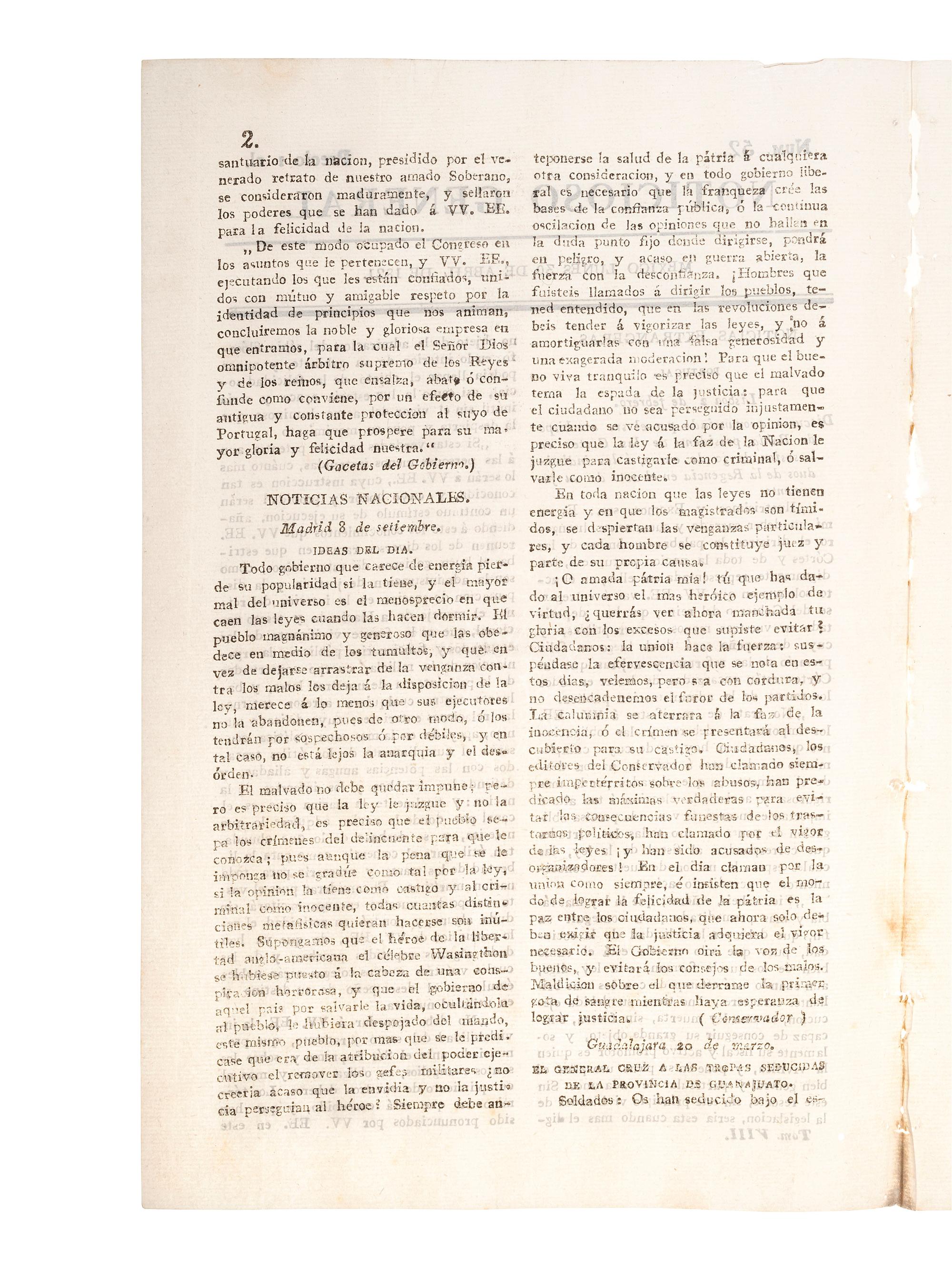 [MEXICAN WAR OF INDEPENDENCE]. Noticioso General. No. 52. Mexico, 30 April 1821.