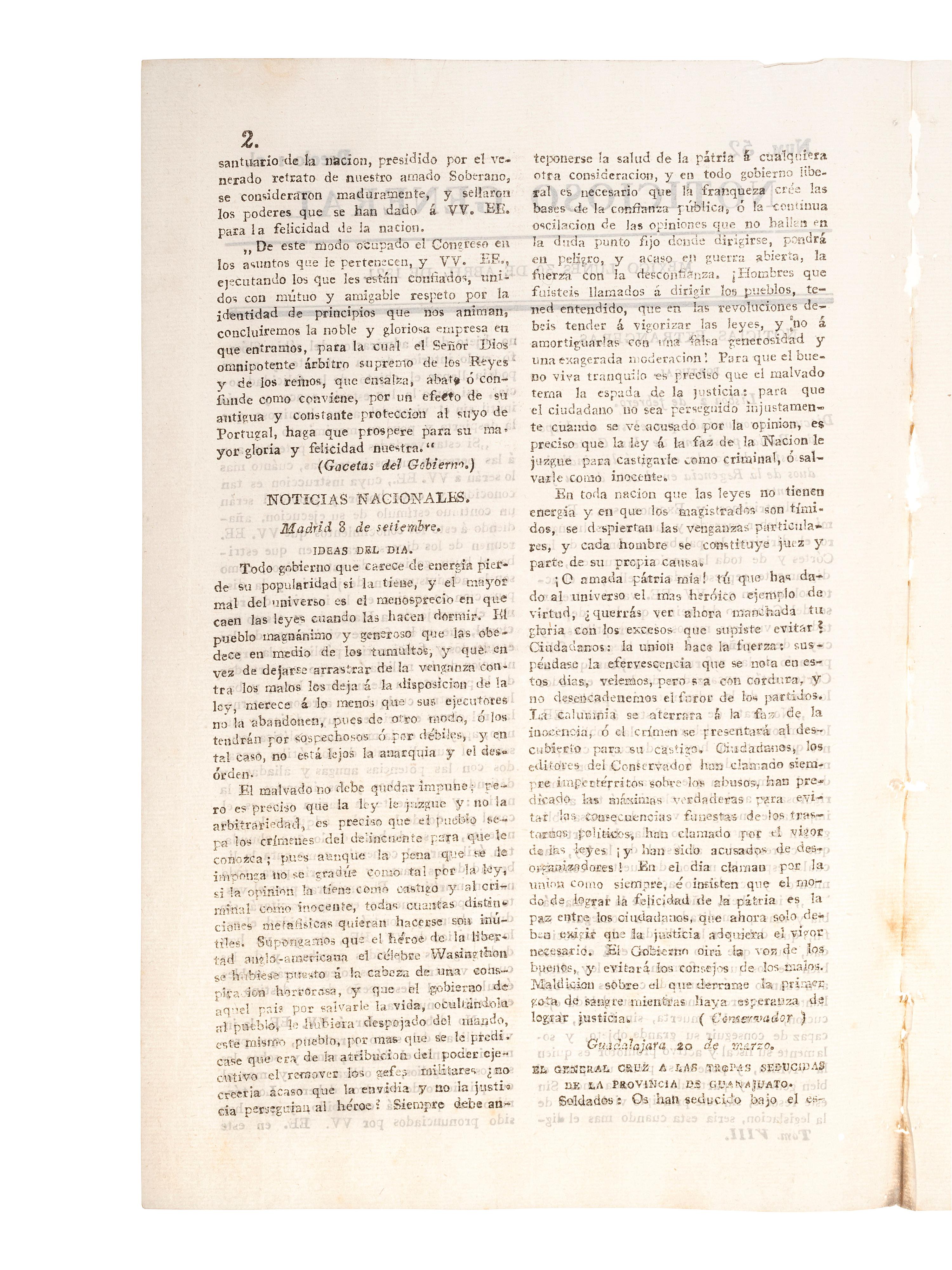 [MEXICAN WAR OF INDEPENDENCE]. Noticioso General. No. 52. Mexico, 30 April 1821.