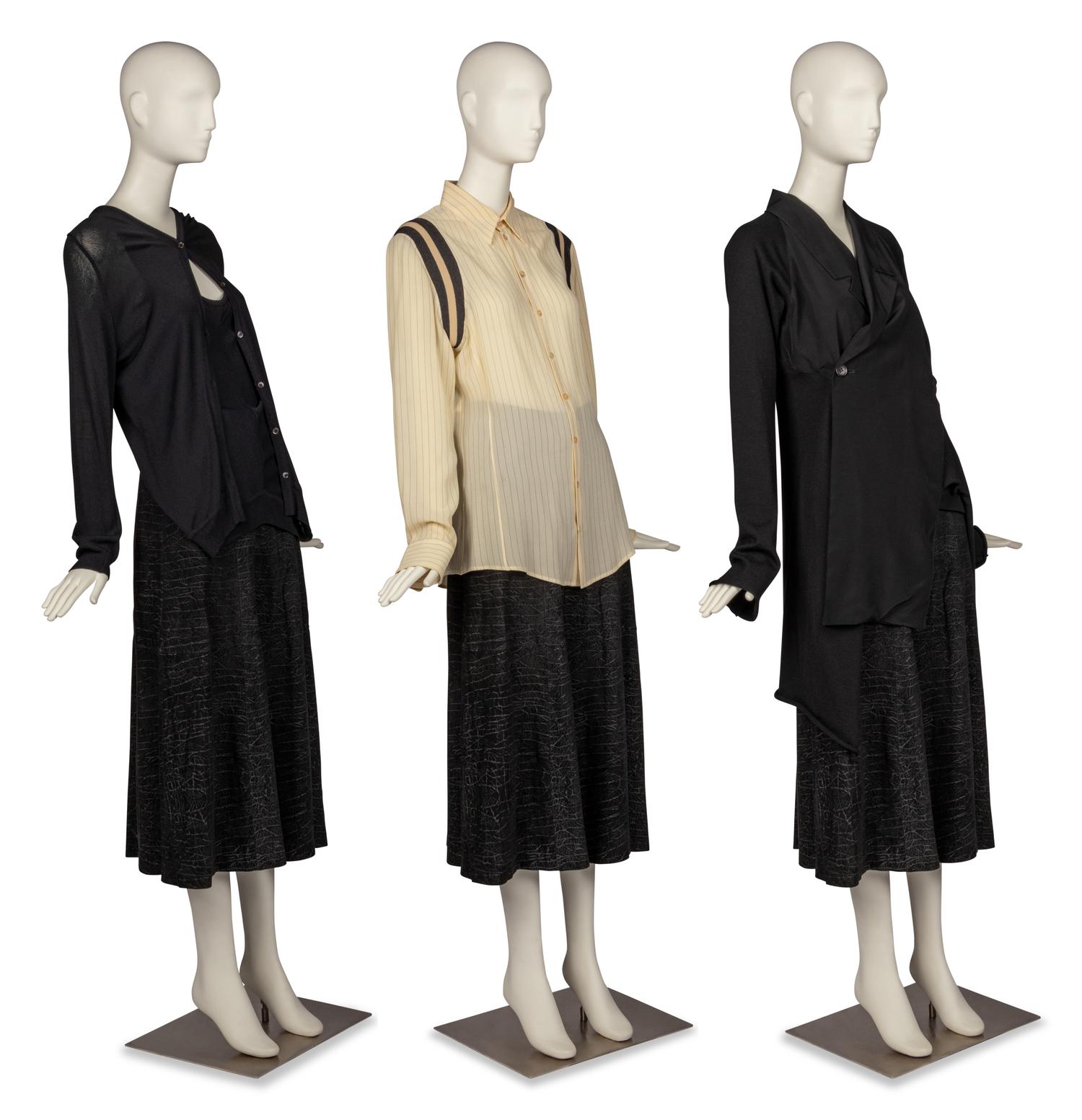 Ann Demeulemeester Sweater, Jean Paul Gaultier Blouse, Yohji Yamamoto Jacket, and Gianfranco Ferré Pant, 1990s