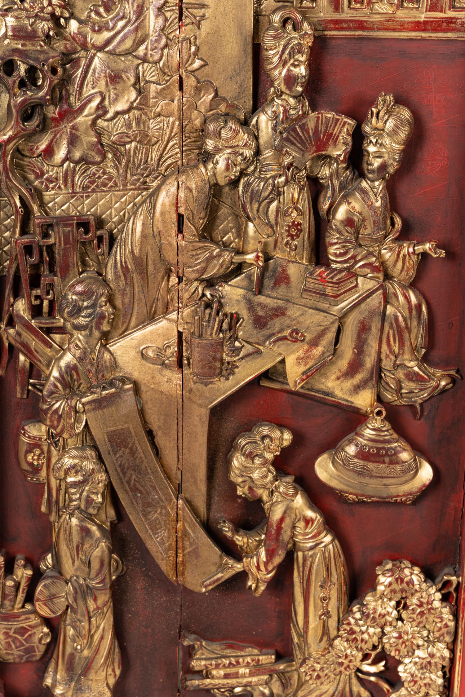 A Pair of Chinese Carved Gilt and Red Lacquered Wood Panels