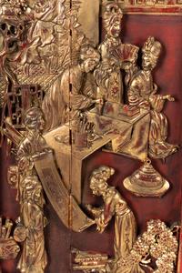 A Pair of Chinese Carved Gilt and Red Lacquered Wood Panels