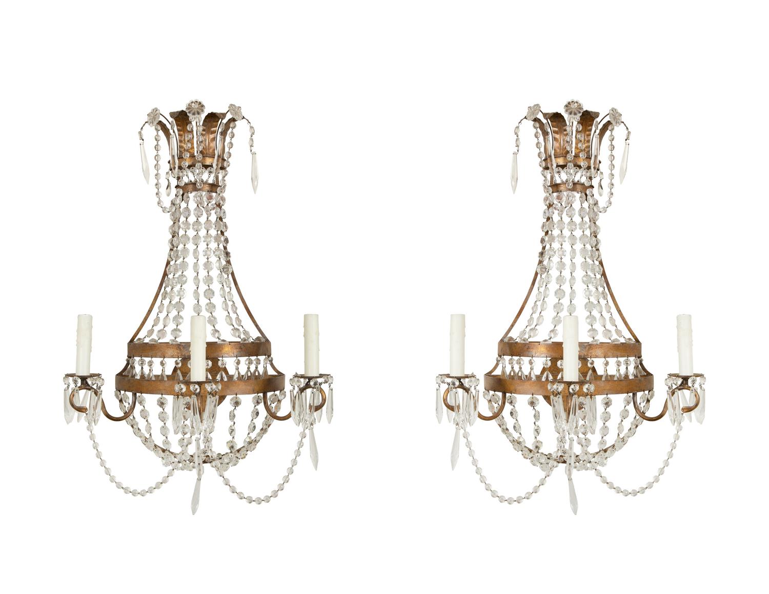 A Pair of Neoclassical Gilt Metal Three-Light Sconces Hung with Cut Glass Beaded Swags
