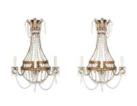 A Pair of Neoclassical Gilt Metal Three-Light Sconces Hung with Cut Glass Beaded Swags