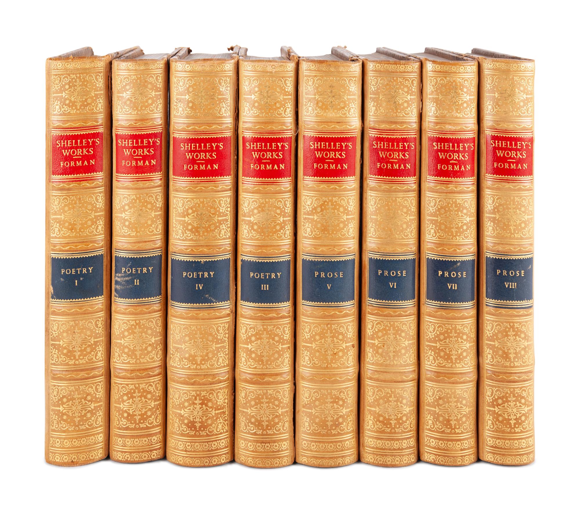 [BINDINGS]. SHELLEY, Percy Bysshe (1792-1822). – FORMAN, Harry Buxton, editor. Works . London: Reeves and Turner, 1880.