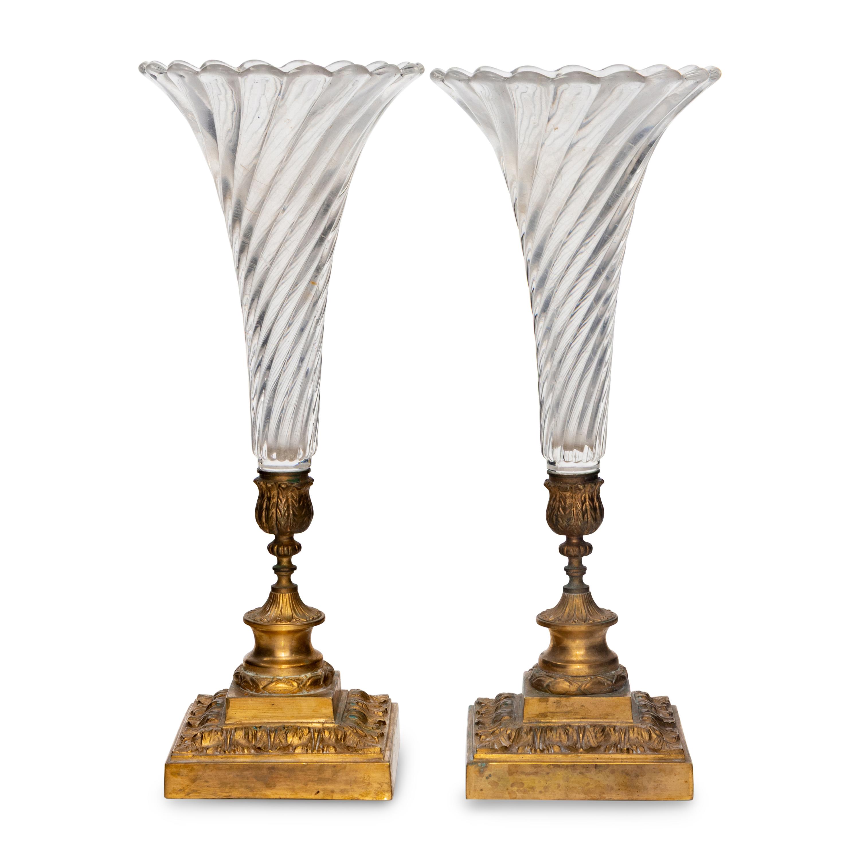 A Pair of French Gilt Bronze and Molded Glass Trumpet Vases