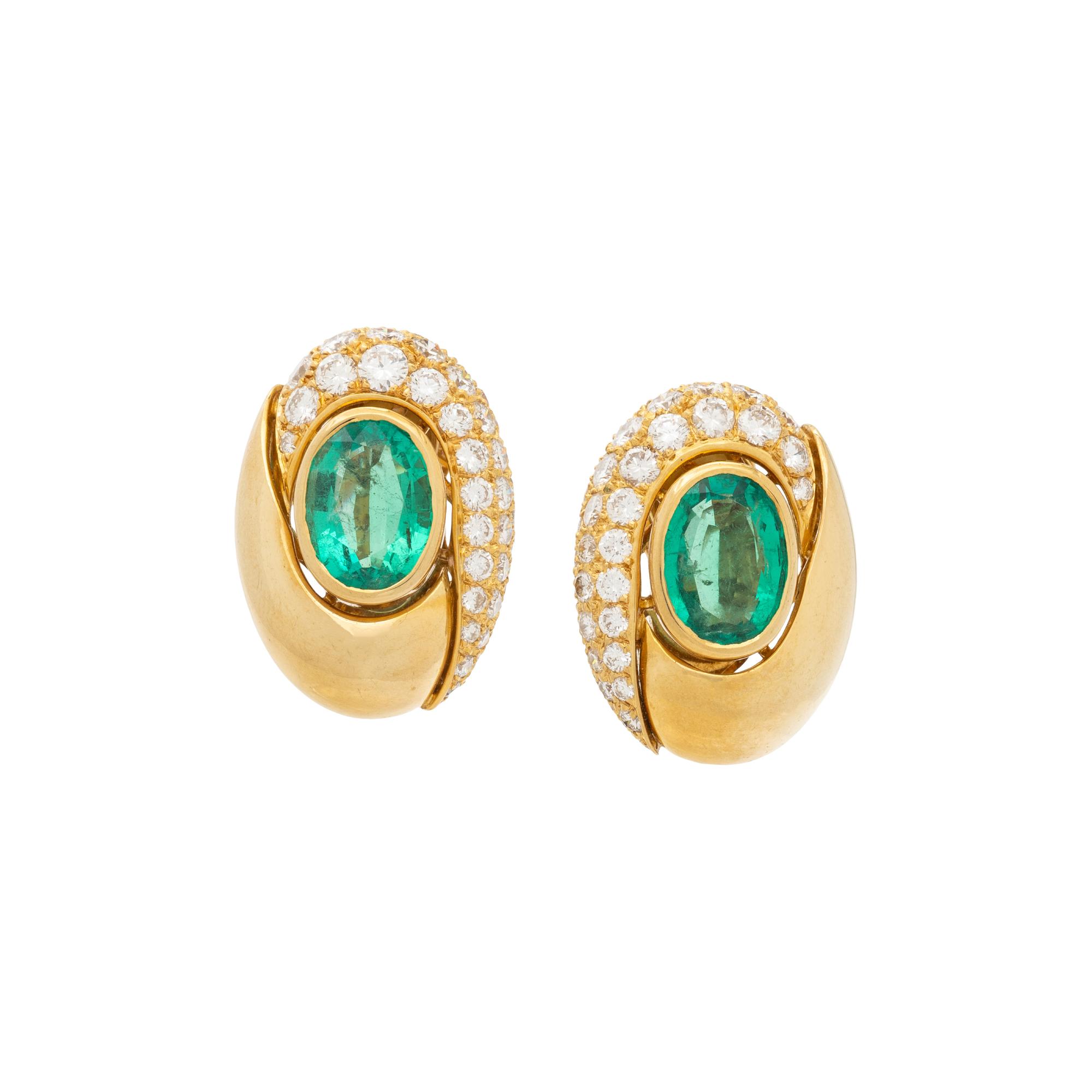 BULGARI, YELLOW GOLD, EMERALD, AND DIAMOND EARRINGS