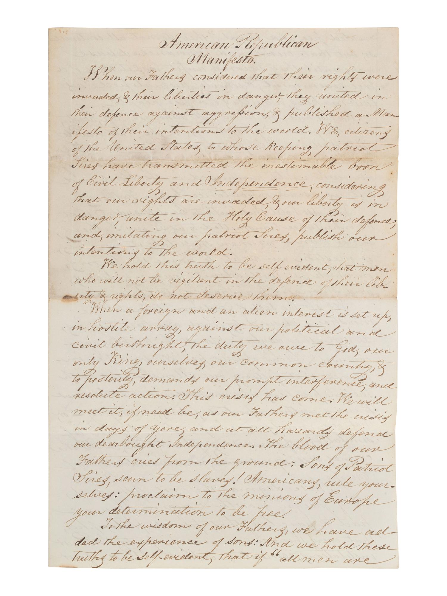 [POLITICS]. Unsigned manuscript, an "American Republican Manifesto," 1845.