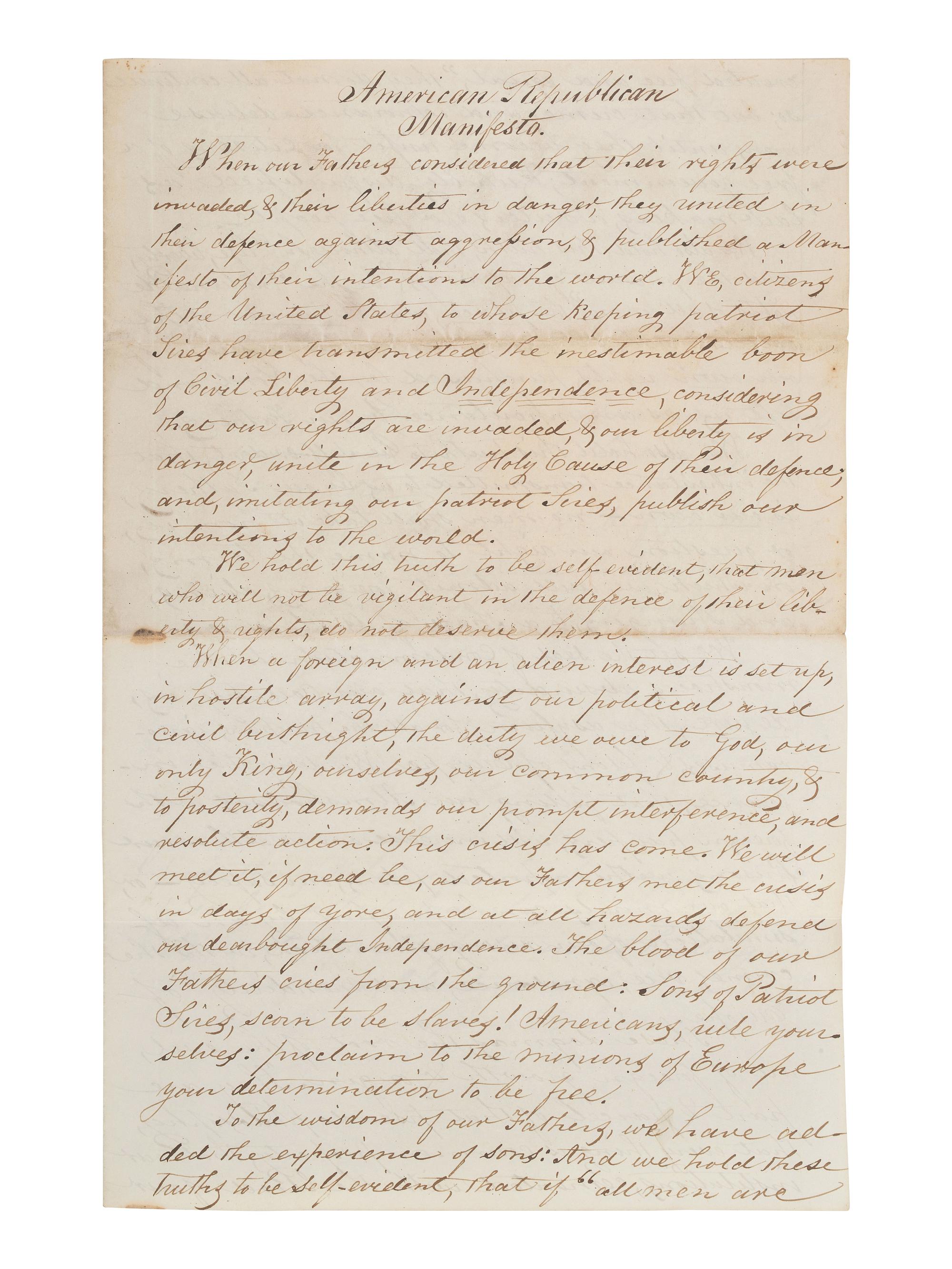 [POLITICS]. Unsigned manuscript, an "American Republican Manifesto," 1845.