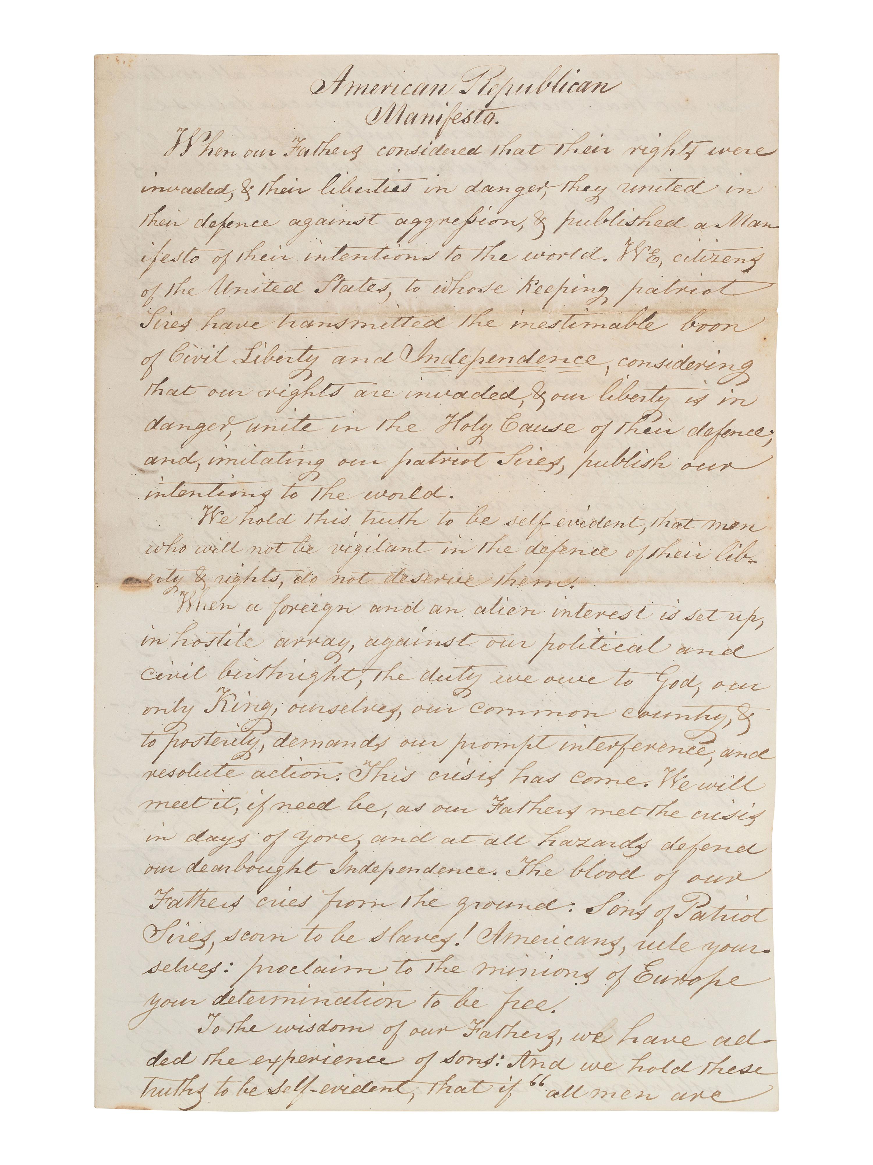 [POLITICS]. Unsigned manuscript, an "American Republican Manifesto," 1845.