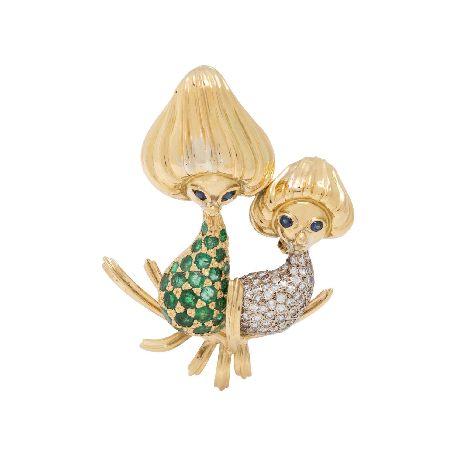YELLOW GOLD, DIAMOND AND GEMSTONE MUSHROOM BROOCH