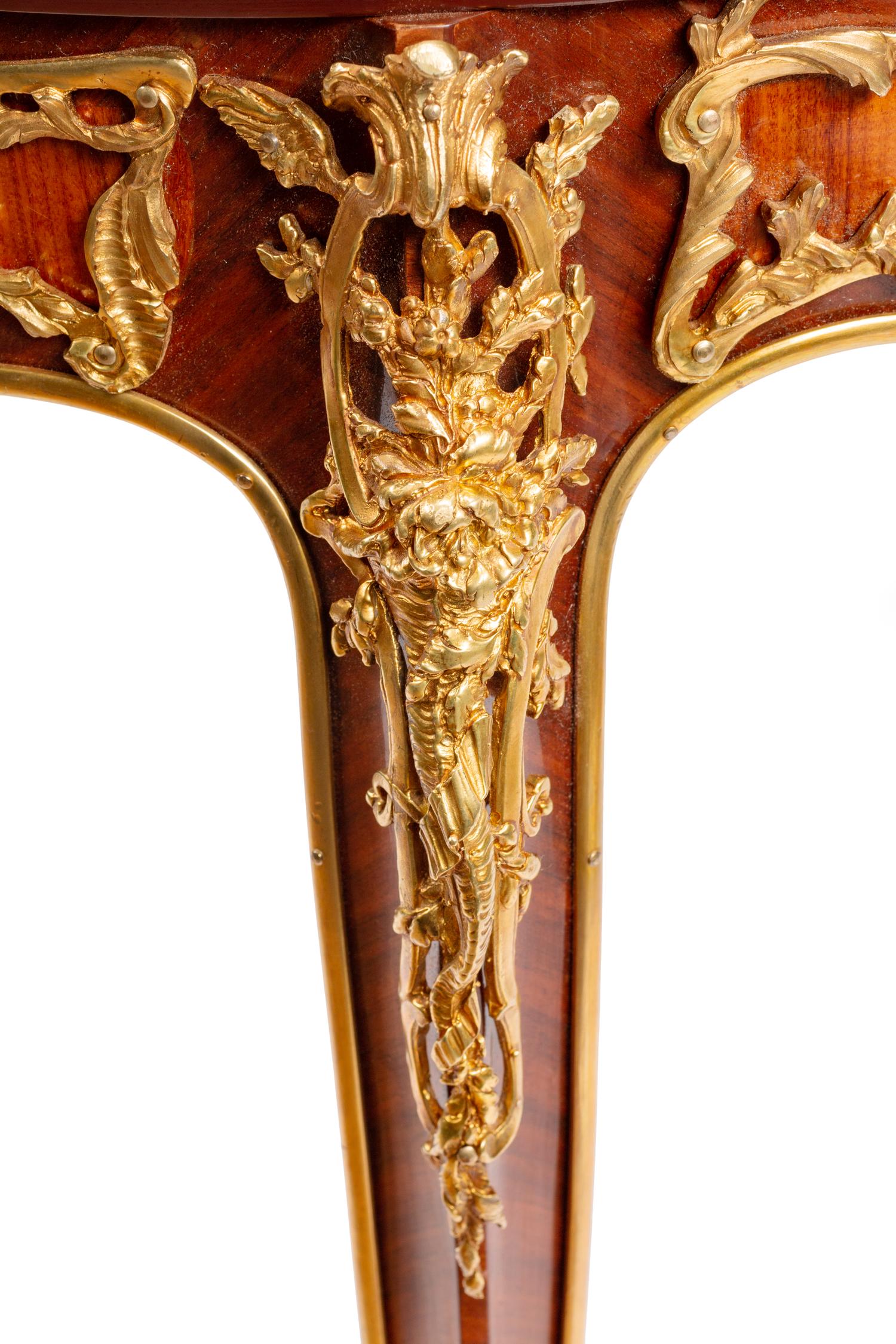 A Pair of Louis XV Style Gilt Bronze Mounted Marble-Top Tables