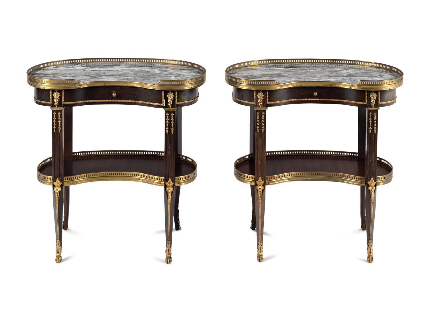 A Pair of Louis XVI Style Gilt Bronze Mounted Mahogany Marble-Top Side Tables