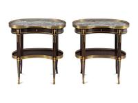 A Pair of Louis XVI Style Gilt Bronze Mounted Mahogany Marble-Top Side Tables
