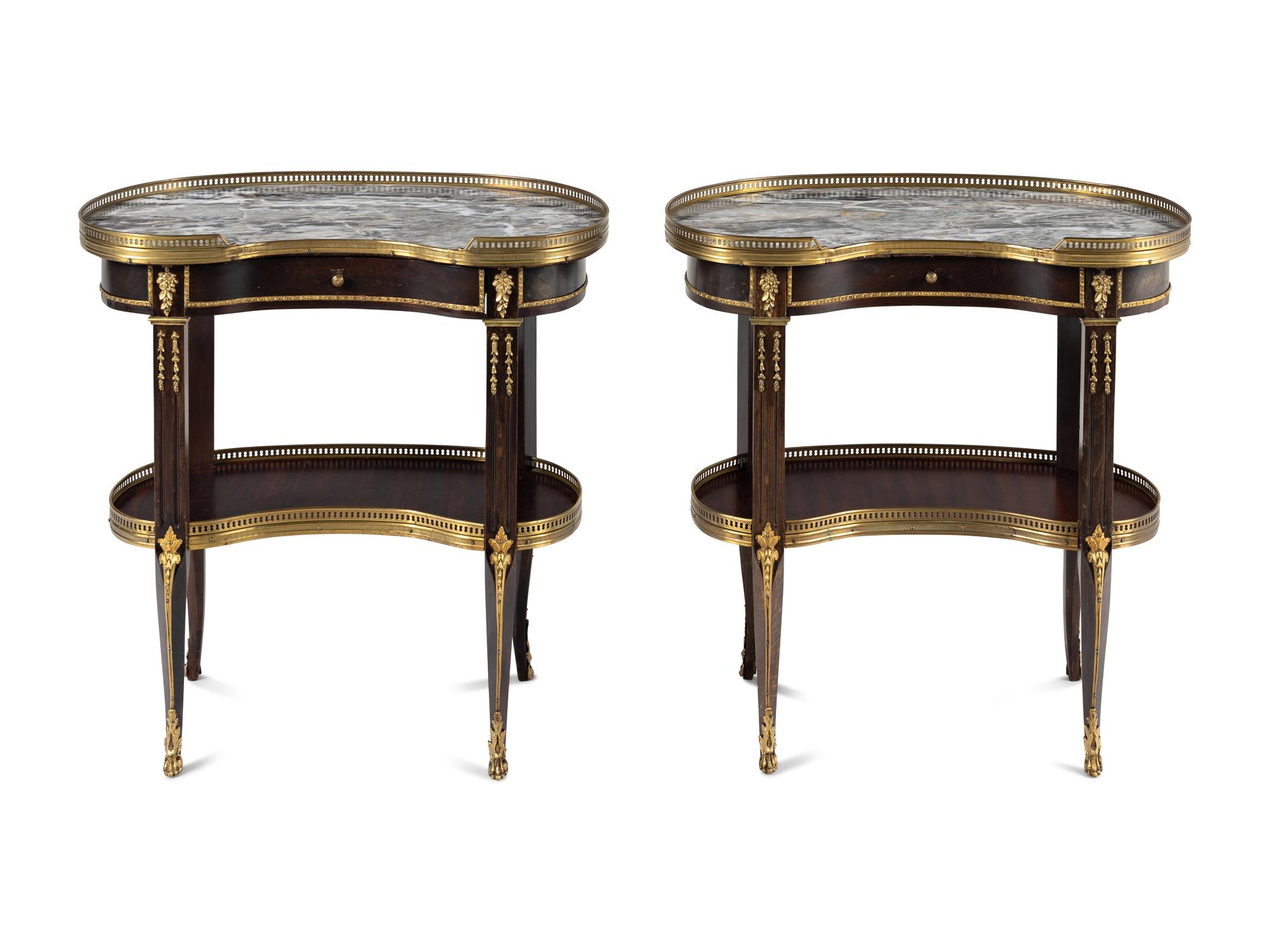 A Pair of Louis XVI Style Gilt Bronze Mounted Mahogany Marble-Top Side Tables