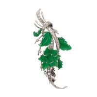 JADE, DIAMOND, AND WHITE GOLD FOLIATE BROOCH