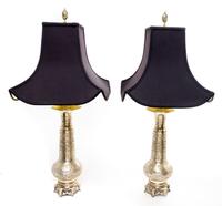 A Pair of Silvered Metal Lamps Height overall 29 1/2 inches. — 20TH CENTURY