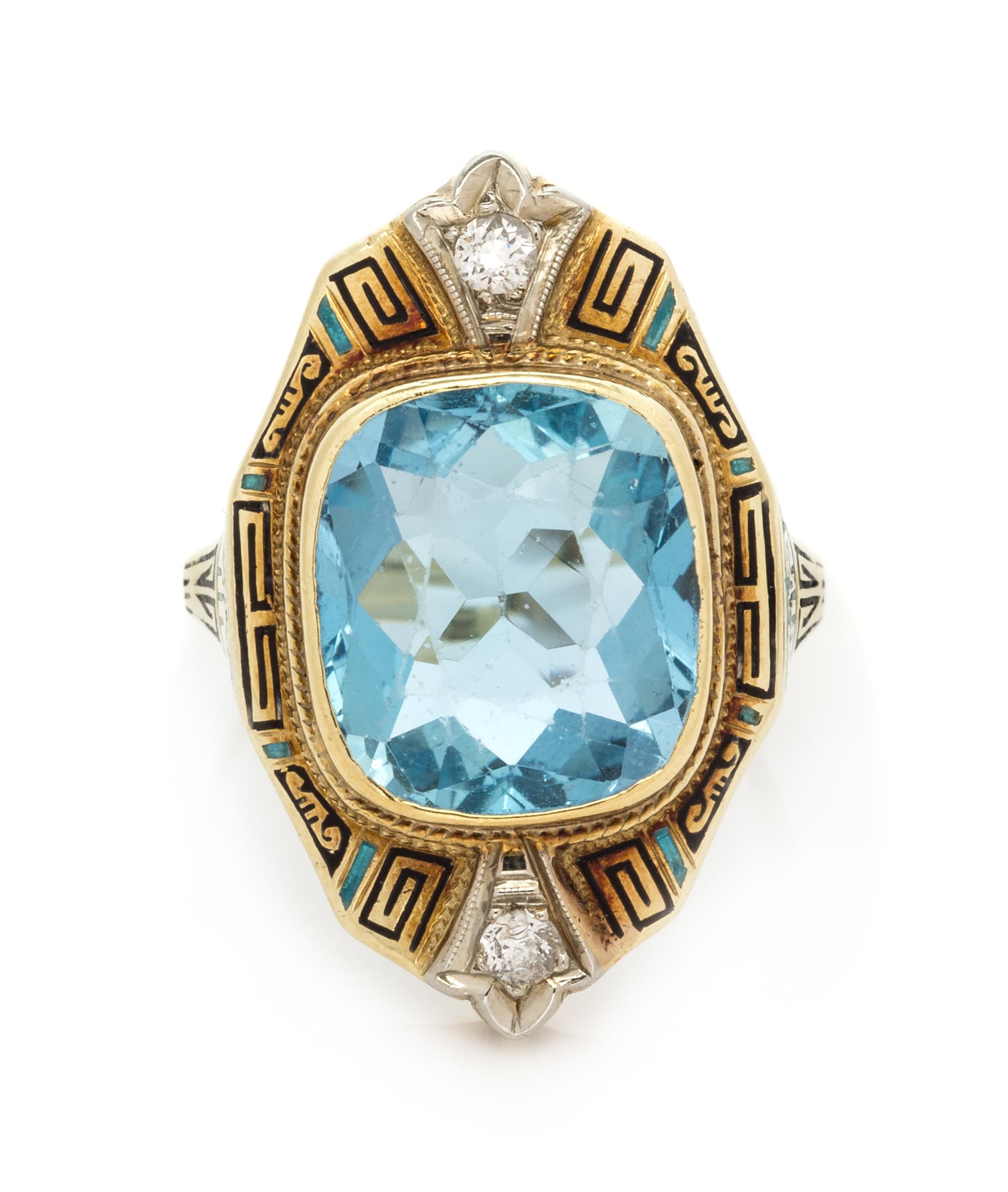 An Art Deco Yellow Gold, Platinum, Aquamarine, Diamond and Polychrome Enamel Ring, 4.30 dwts.