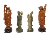 A Pair of Chinese Carved Wood Scholars and a Pair of Carved Green Hardstone Guan Yins