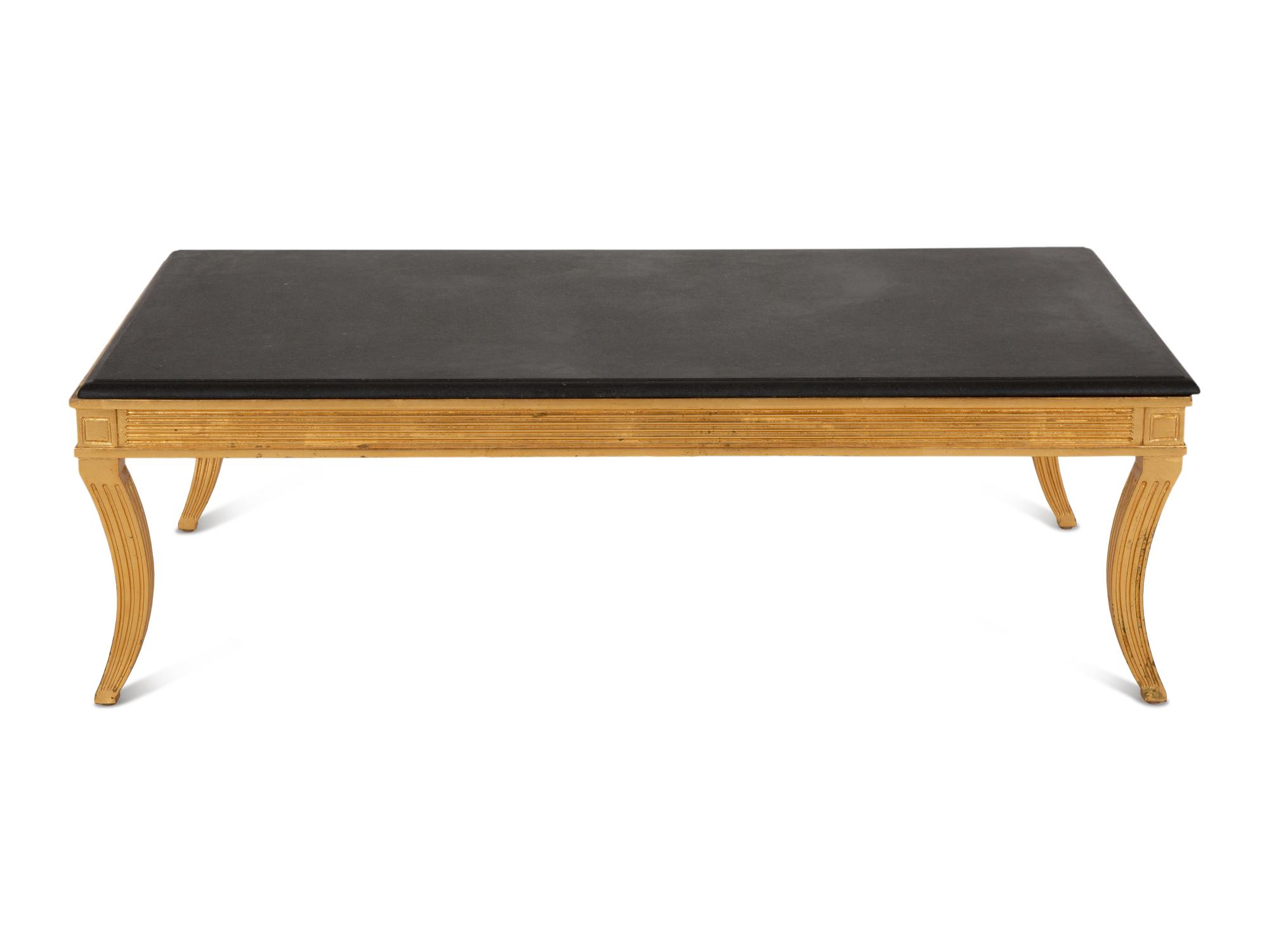 A Regency Style Giltwood Low Coffee Table with Black Marble Top
