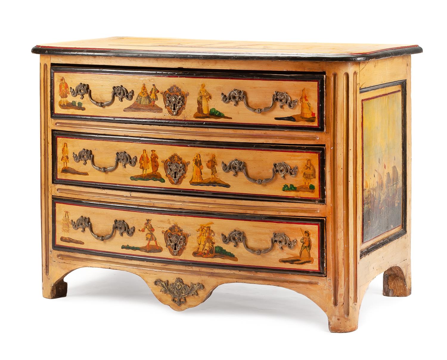 A French Provincial Painted Commode Height 33 x width 46 1/2 x depth 25 inches. — 18TH CENTURY
