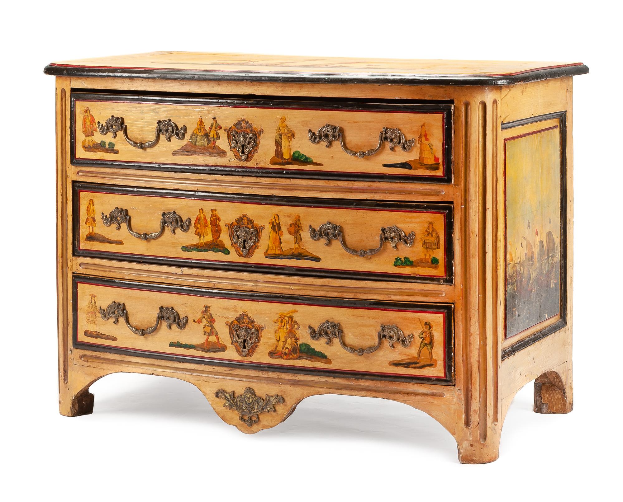 A French Provincial Painted Commode Height 33 x width 46 1/2 x depth 25 inches. — 18TH CENTURY