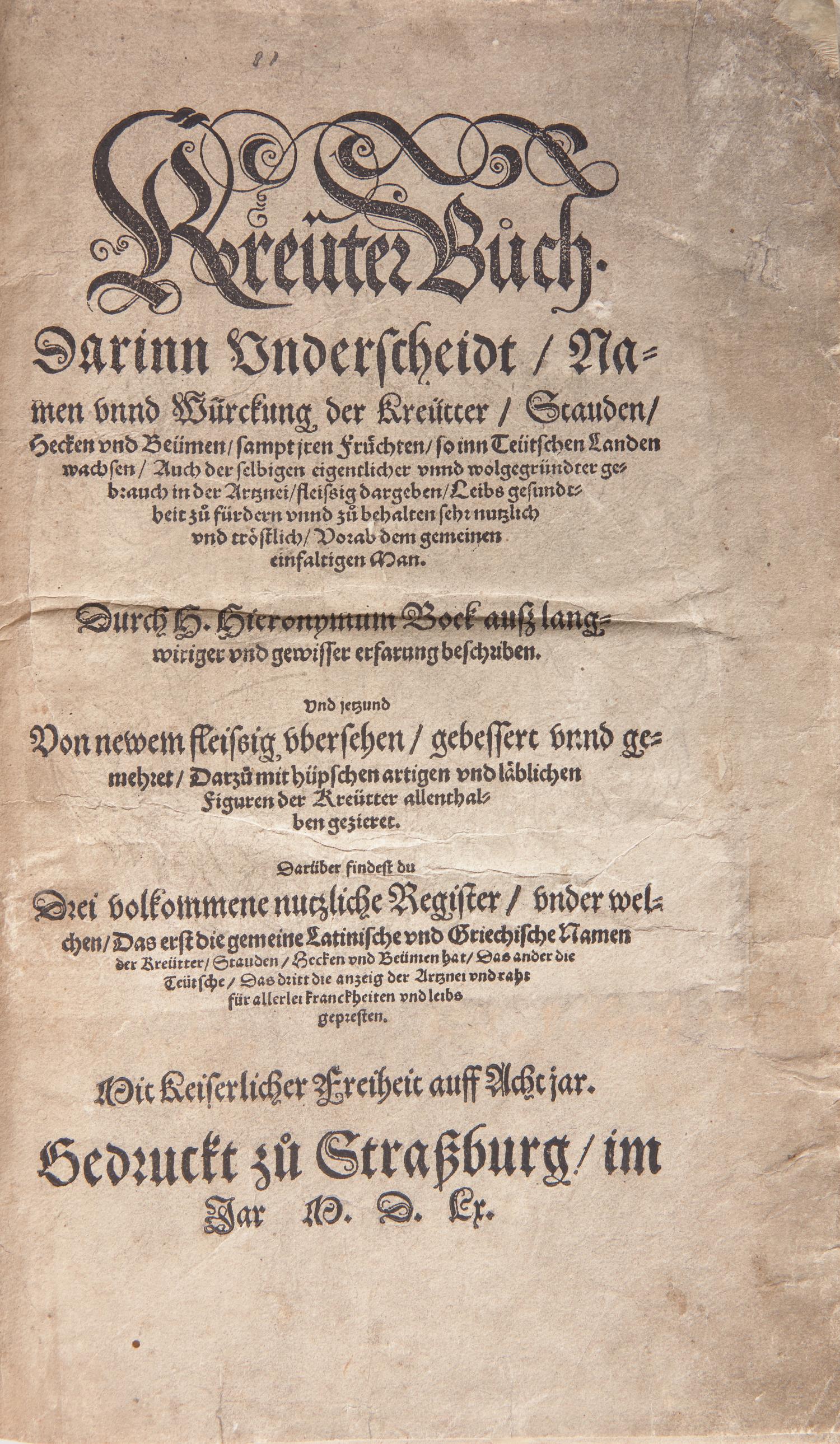 [Natural History] Bock, Hieronymus. Kreüter Buch...