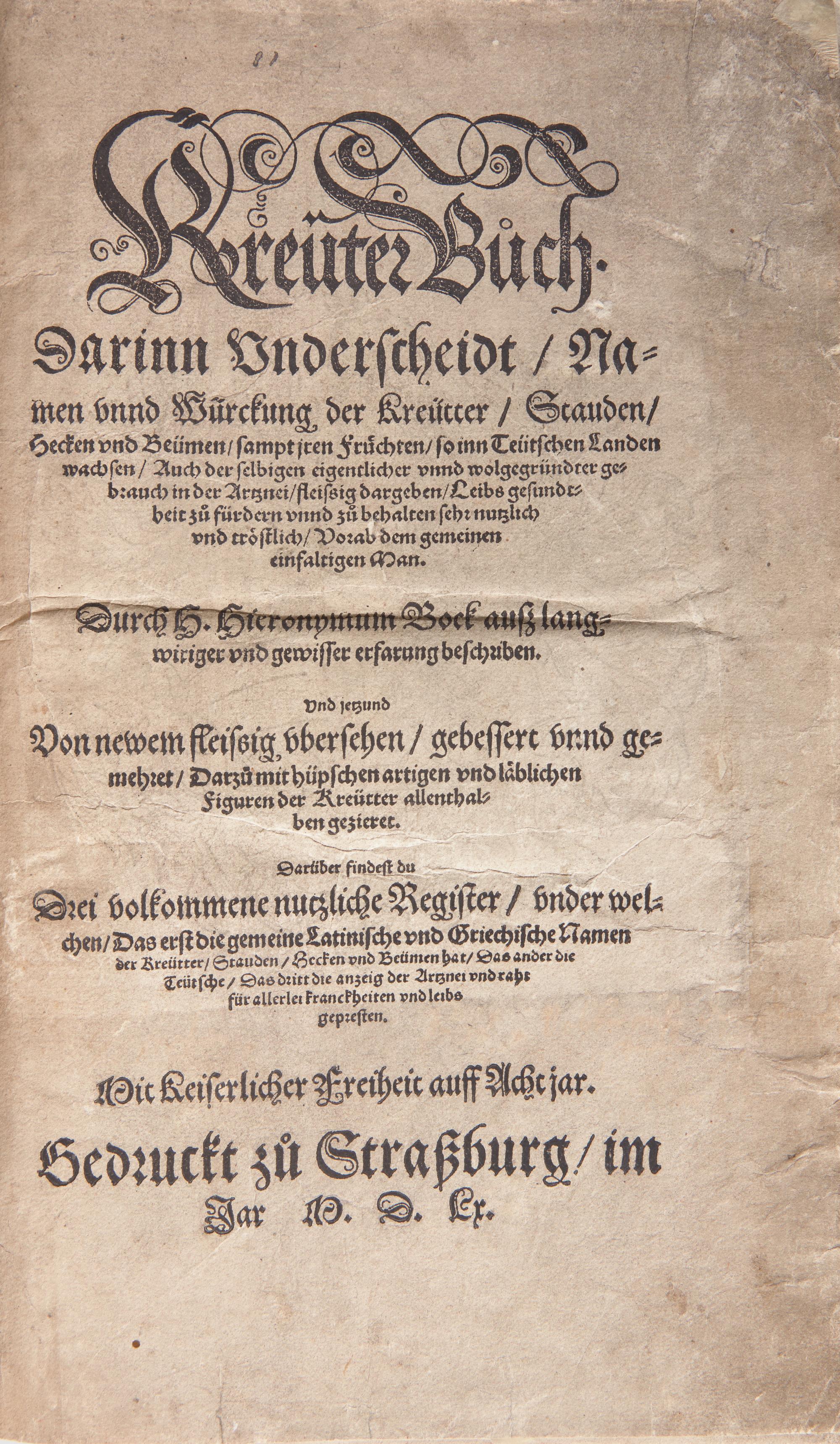[Natural History] Bock, Hieronymus. Kreüter Buch...
