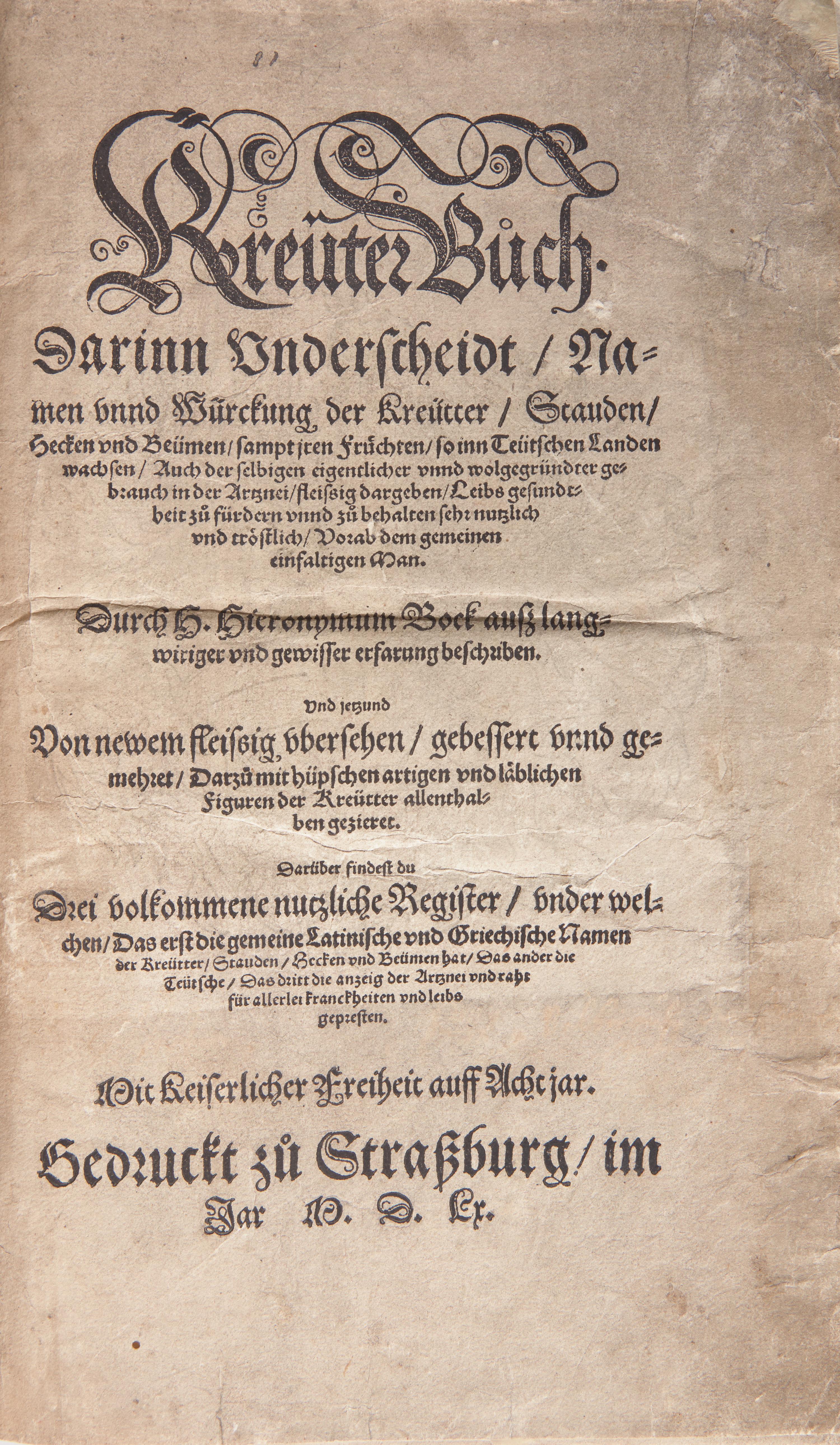 [Natural History] Bock, Hieronymus. Kreüter Buch...