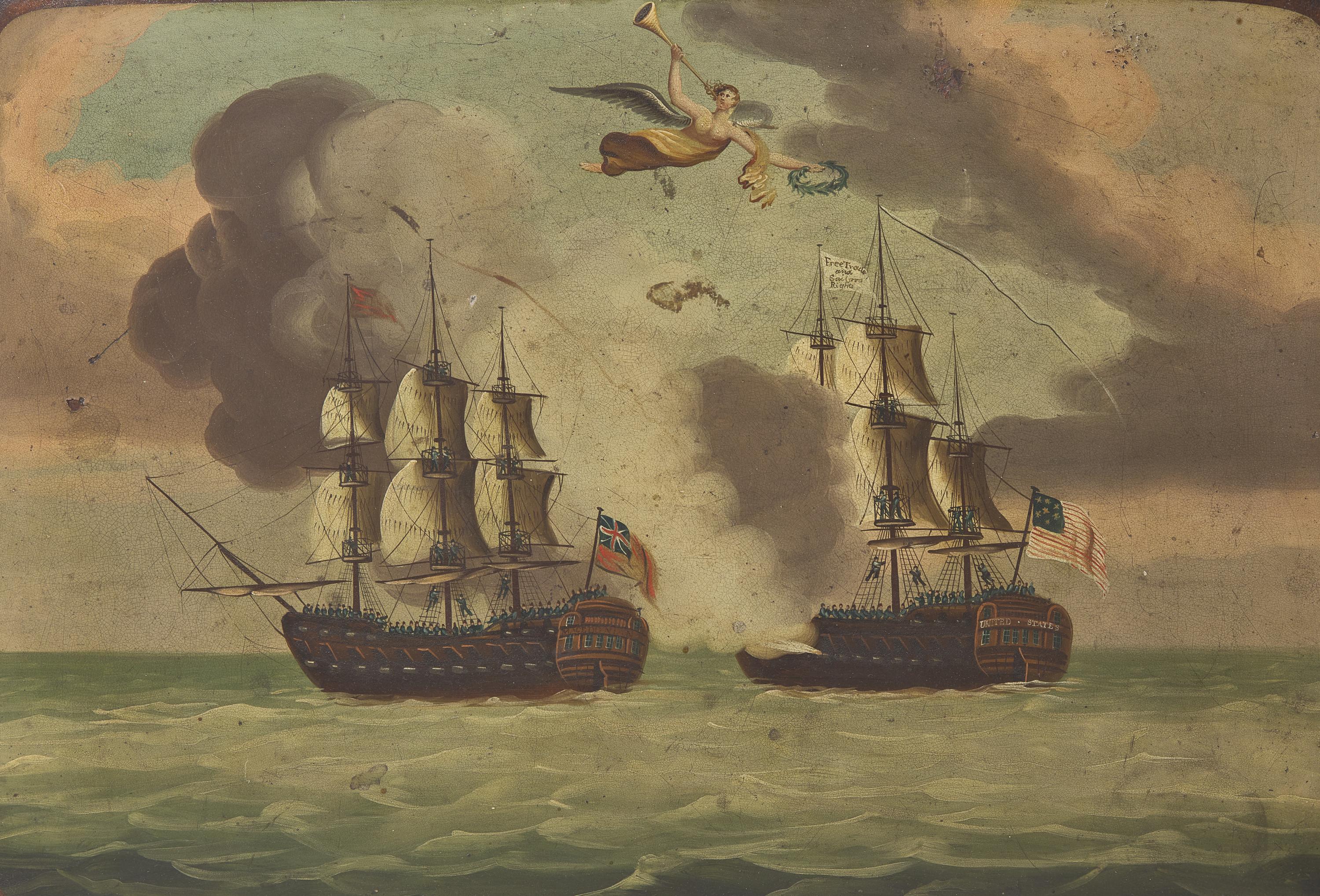 A Tole-Decorated Tray Depicting the Battle of the USS United States and HMS Macedonian