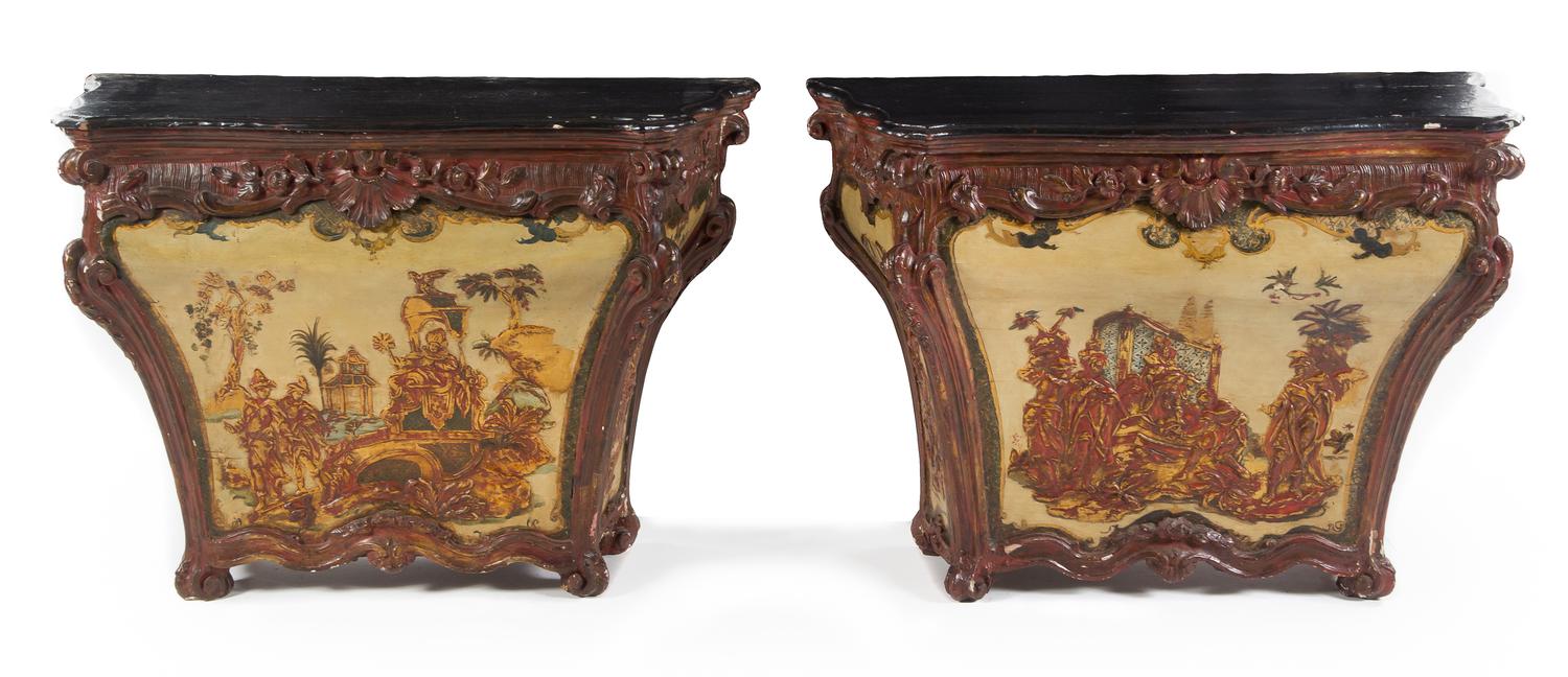 A Pair of Venetian Painted Pedestal Cabinets Height 35 x width 50 x depth 21 inches. — 18TH/19TH CENTURY