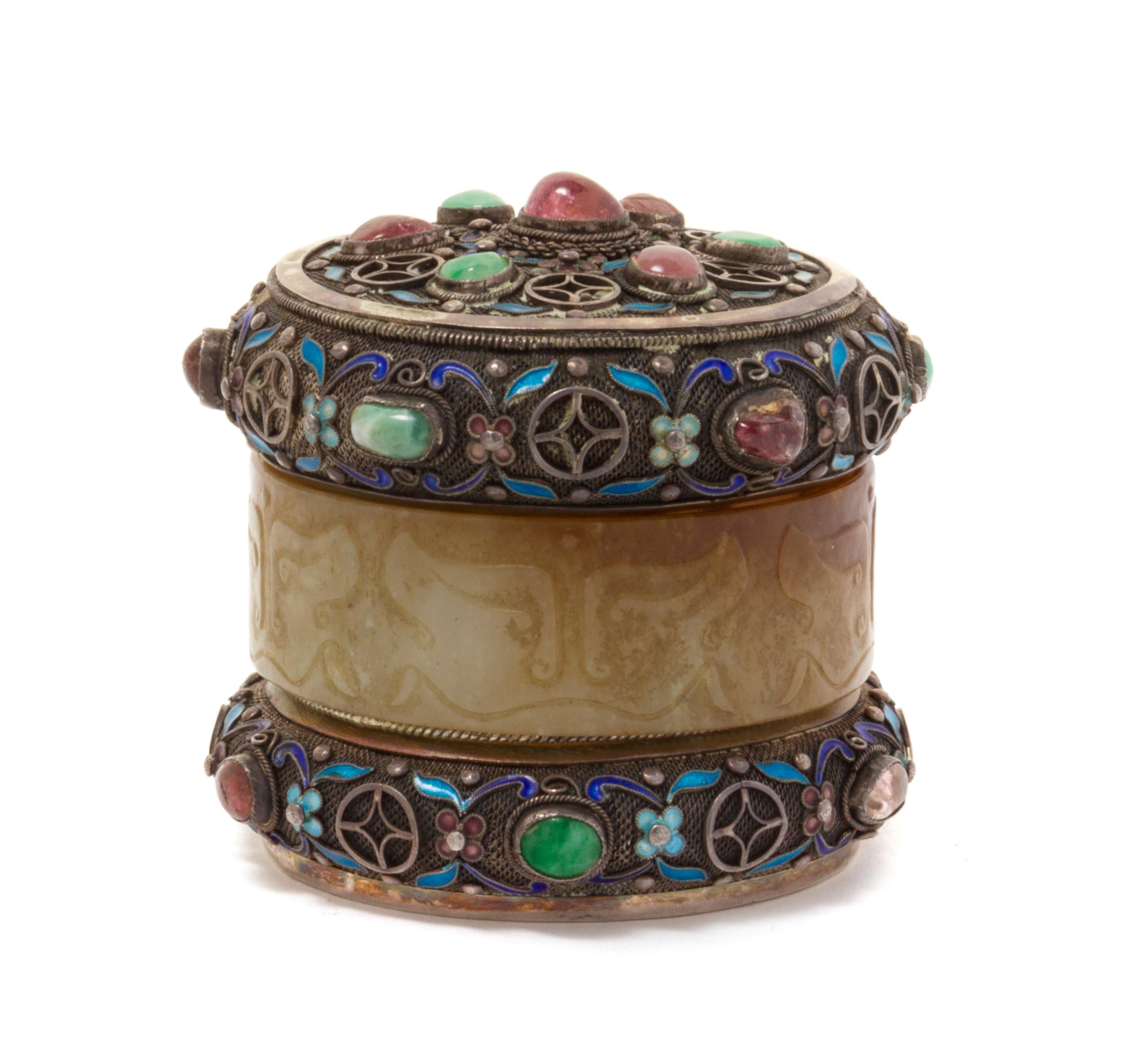 A Silver Filigree, Hardstone Inset and Jade Jewelry Box Height 3 inches.