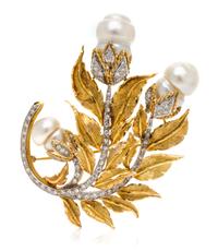 An 18 Karat Yellow Gold, Cultured Pearl and Diamond Brooch, Balough's, 26.20 dwts.