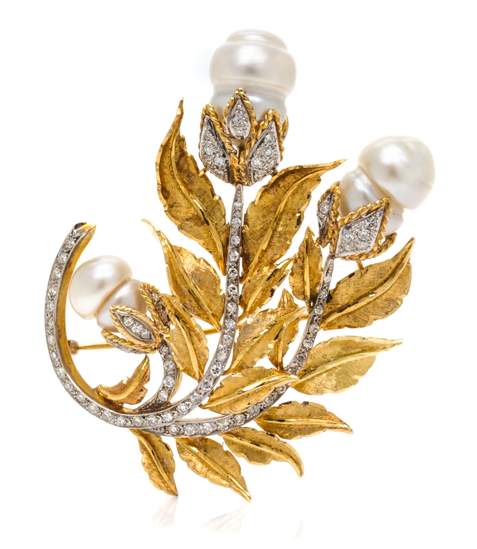 An 18 Karat Yellow Gold, Cultured Pearl and Diamond Brooch, Balough's, 26.20 dwts.