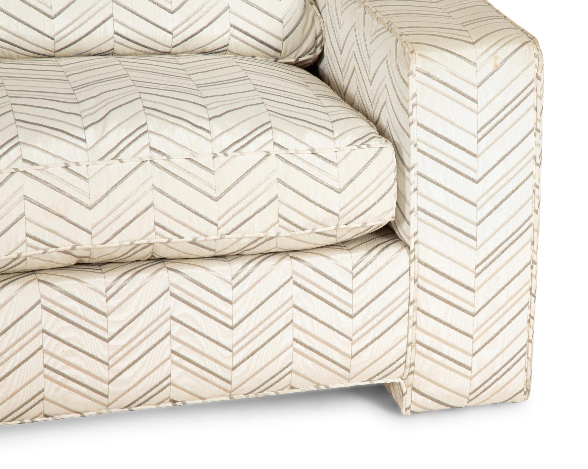 A Pair of Contemporary French Chevron Patterned Upholstered Sofas