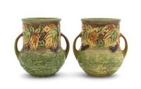 A Pair of Roseville Blackberry Pottery Vases Height 5 1/4 inches.
