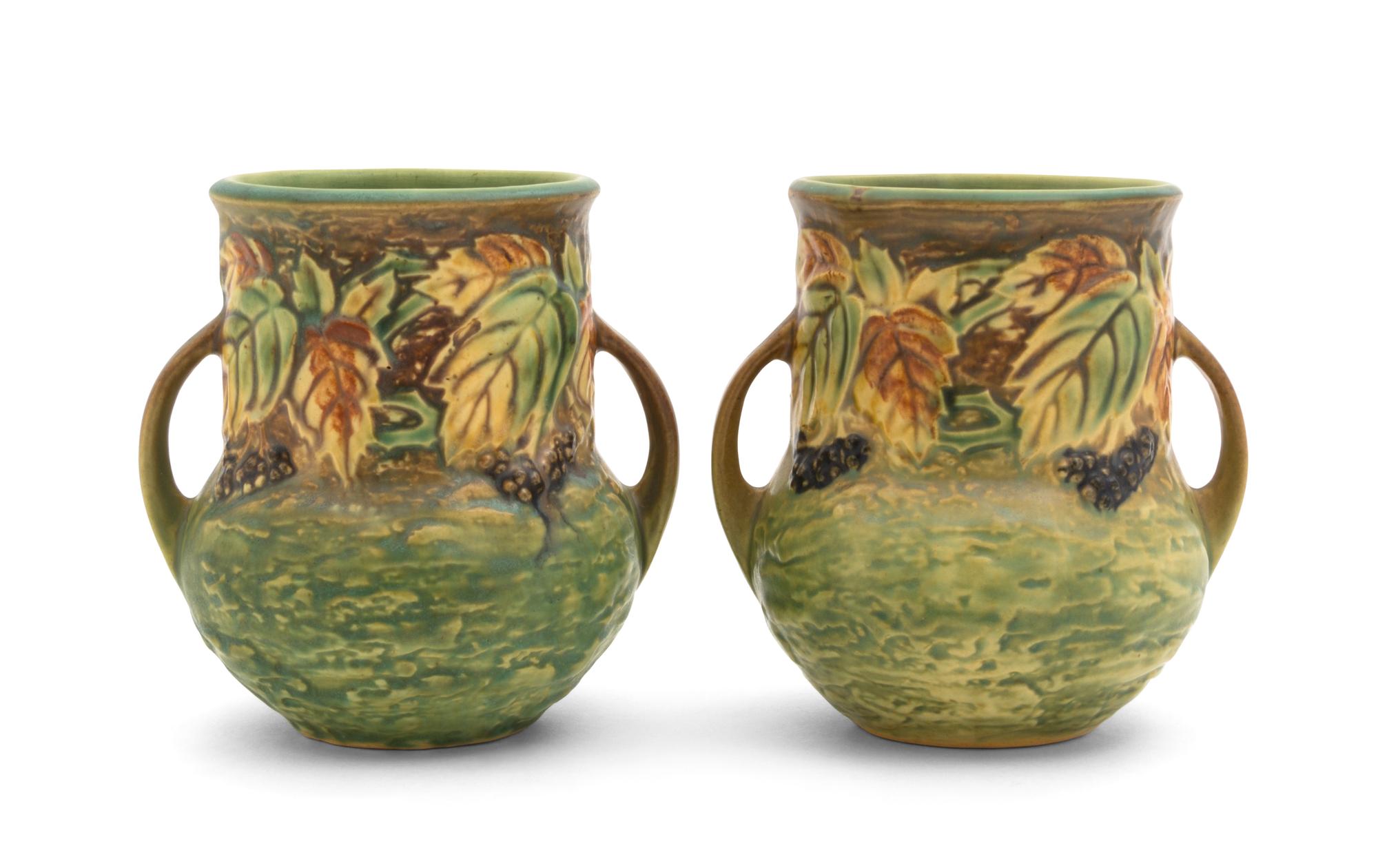 A Pair of Roseville Blackberry Pottery Vases Height 5 1/4 inches.
