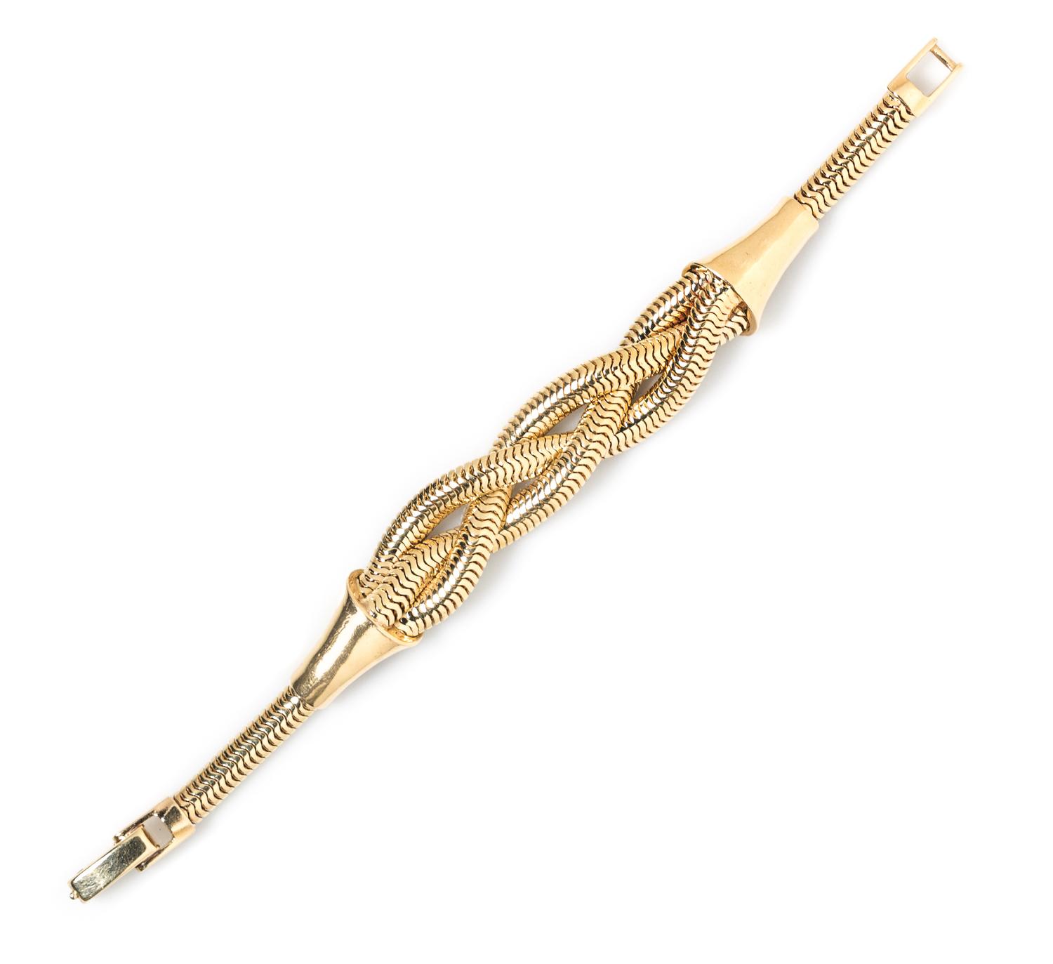 A Retro 14 Karat Yellow Gold Braided Snake Chain Bracelet, 23.70 dwts.