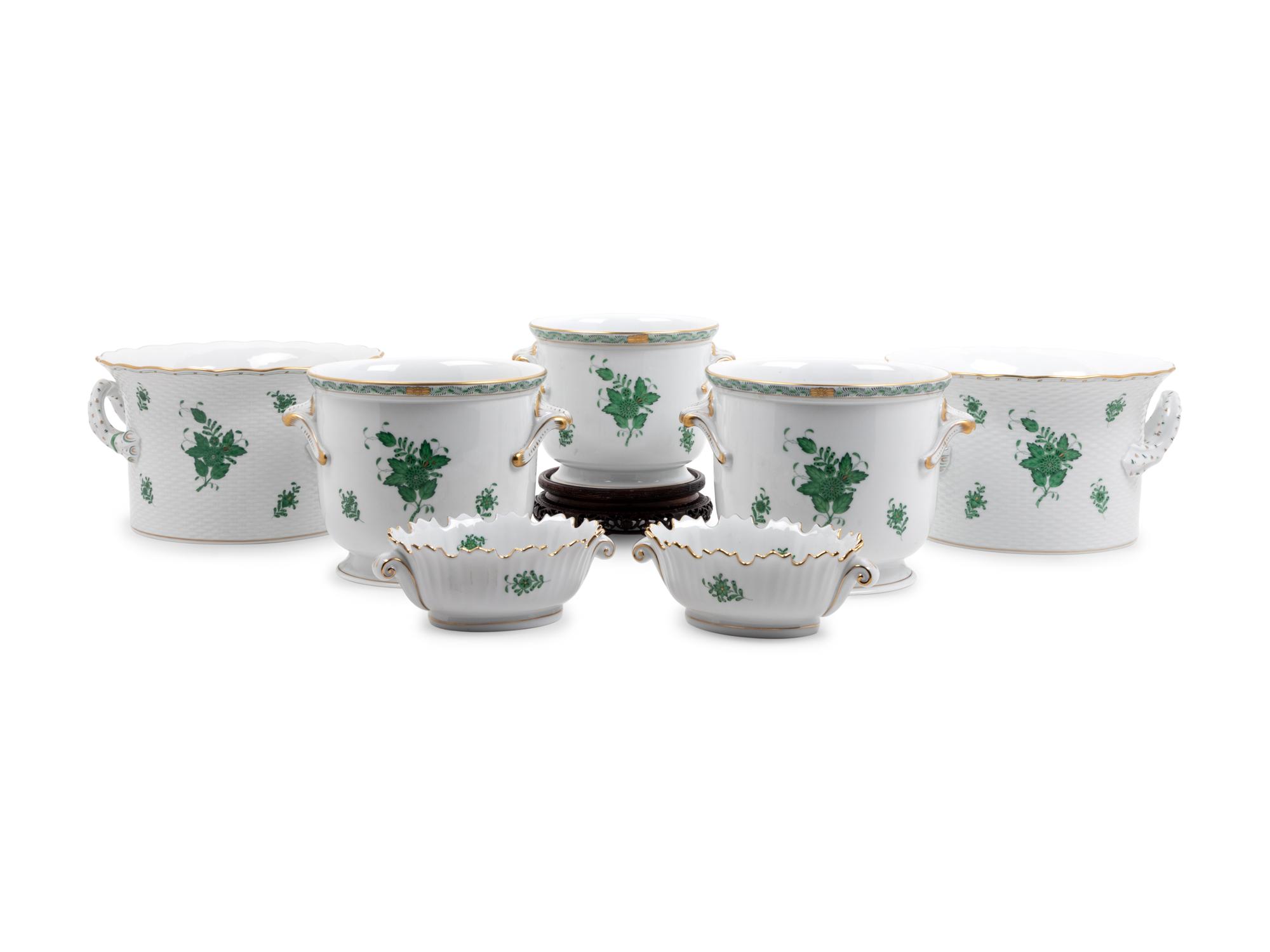 Seven Herend Painted and Parcel Gilt Porcelain Table Articles