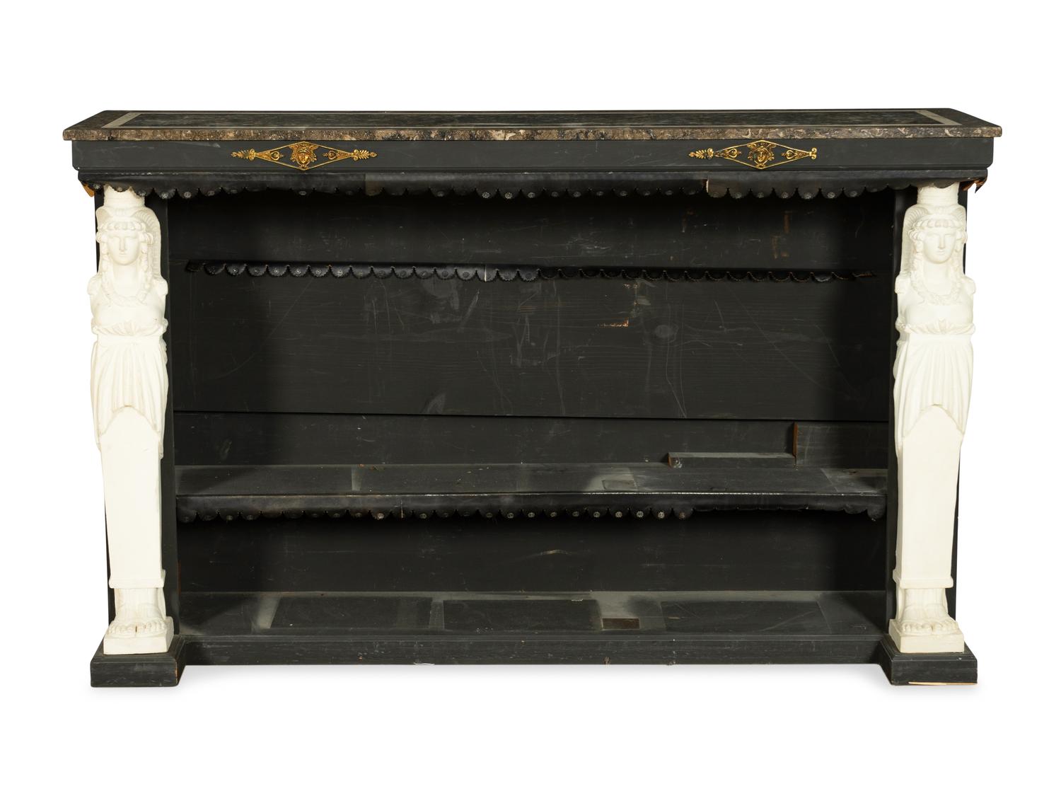 An Empire Style Gilt Metal and Plaster Mounted Ebonized Pier Table with Marble Top