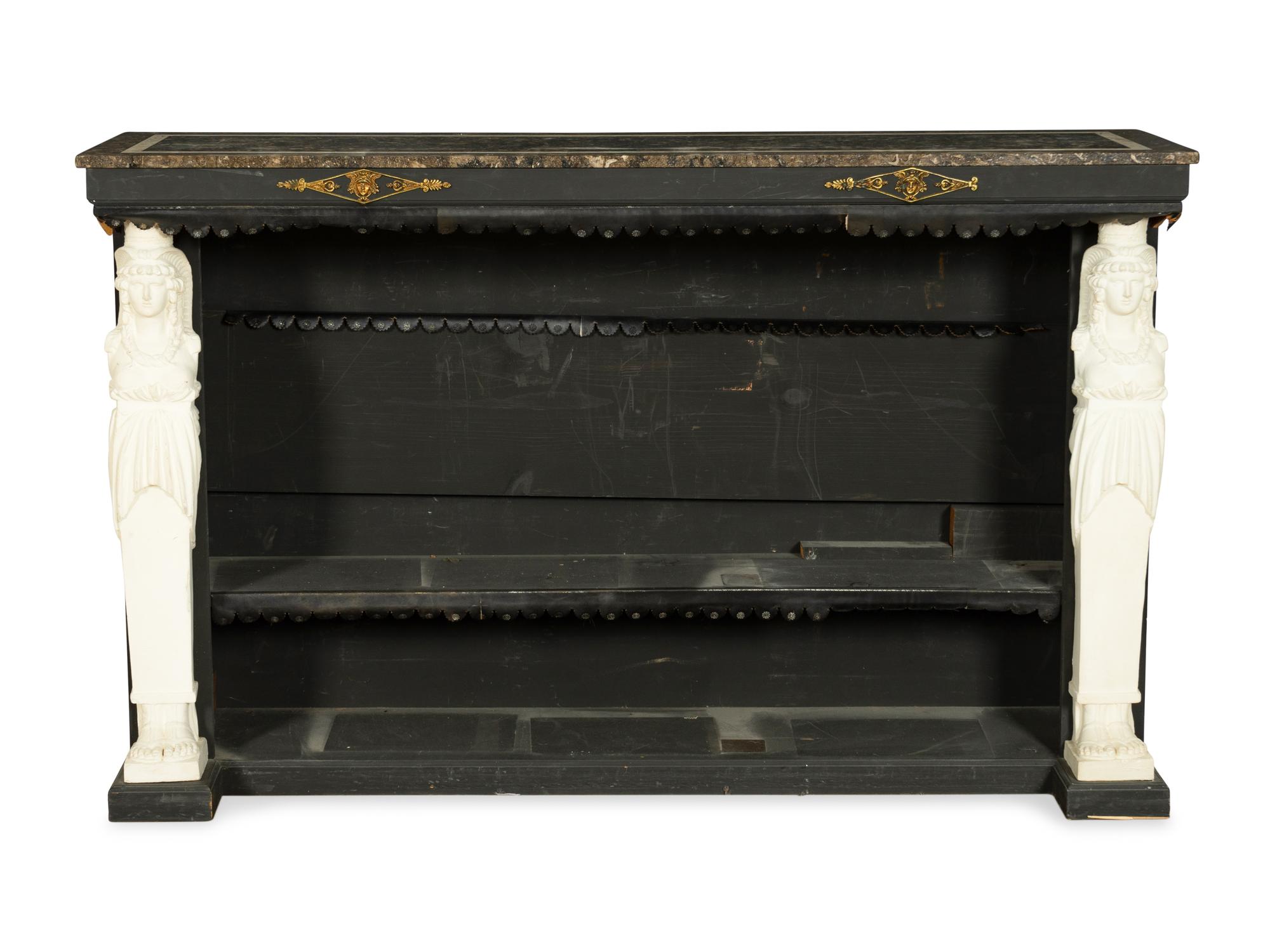 An Empire Style Gilt Metal and Plaster Mounted Ebonized Pier Table with Marble Top