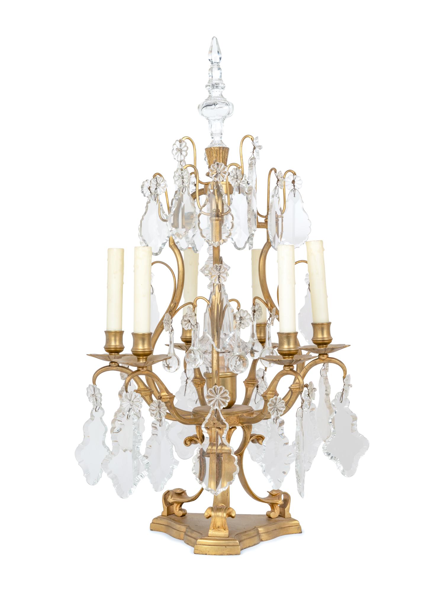 A Pair of French Gilt Metal Six-Light Candelabra Converted to Electricity