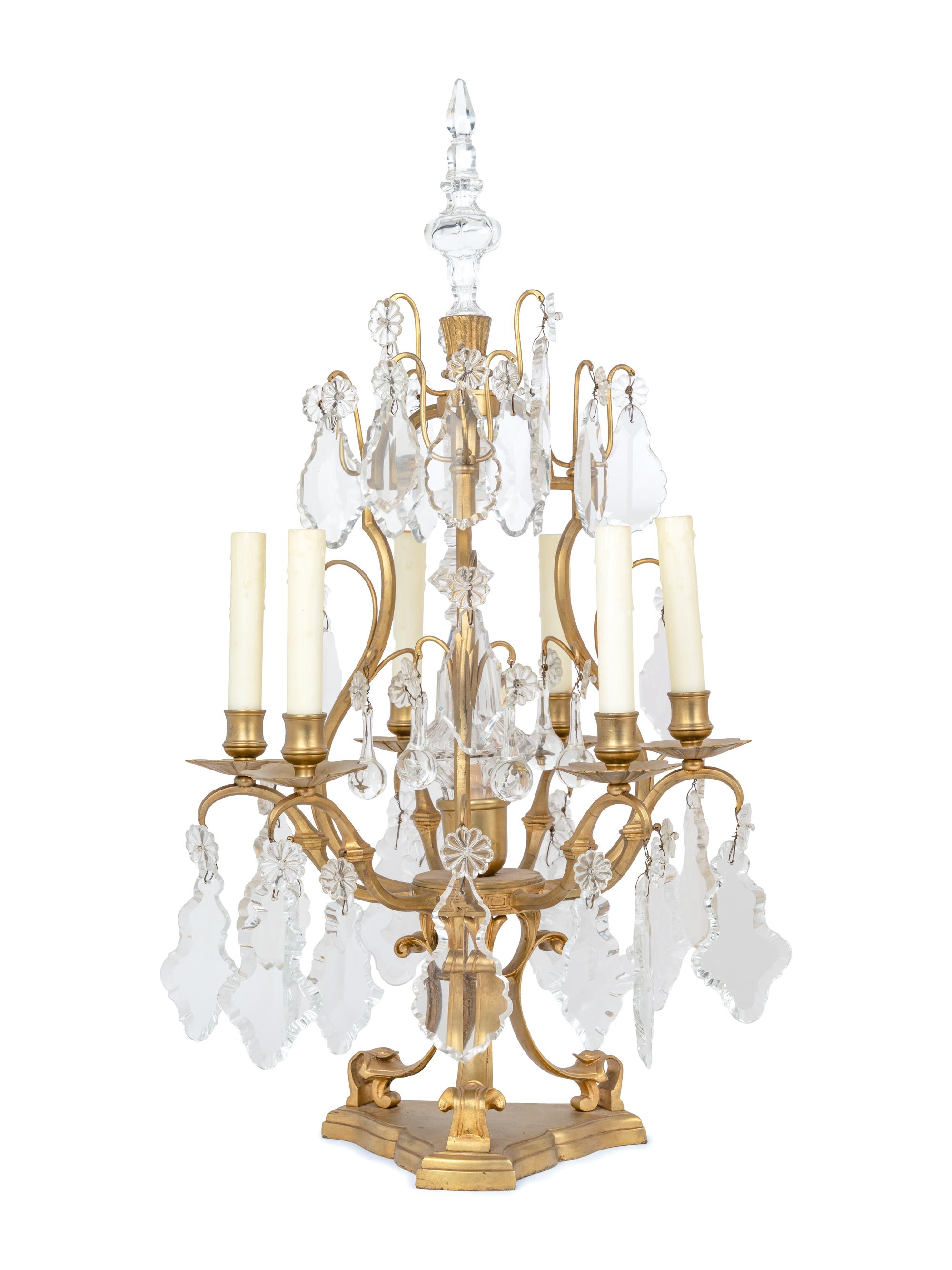 A Pair of French Gilt Metal Six-Light Candelabra Converted to Electricity