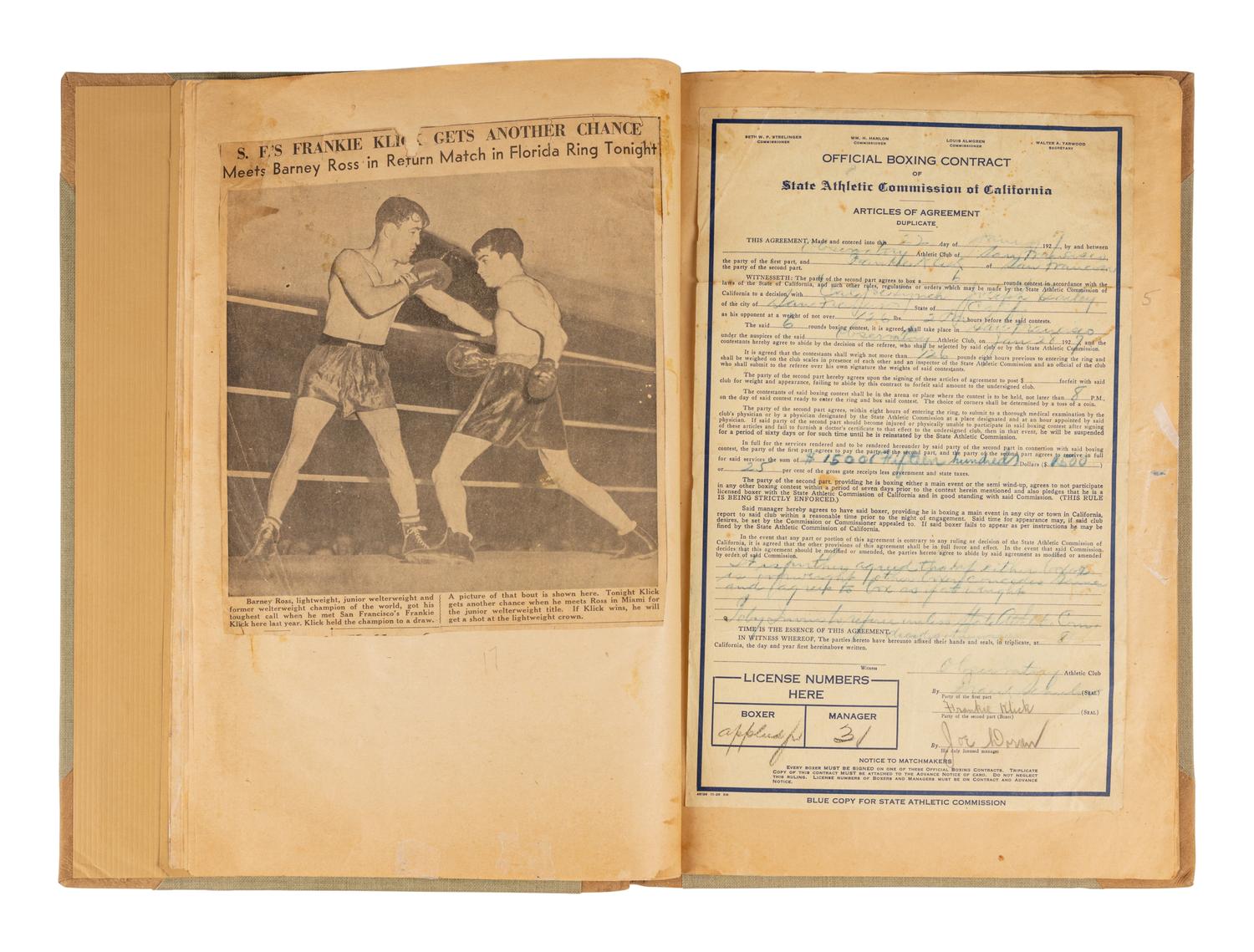An Original Scrapbook from the Career of Junior Lightweight Boxing Champion Frankie Klick Curated by Manager Joe Doran