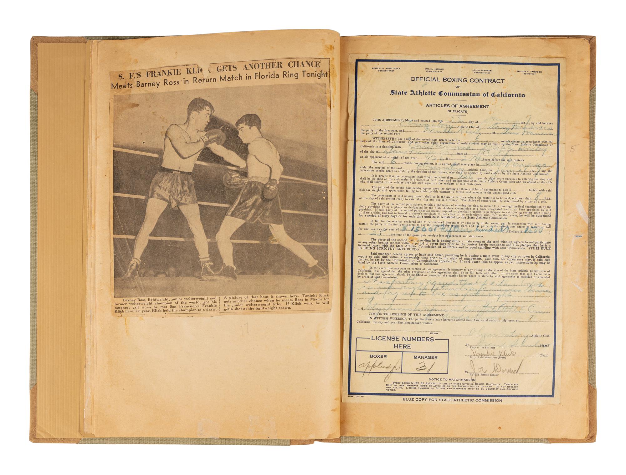 An Original Scrapbook from the Career of Junior Lightweight Boxing Champion Frankie Klick Curated by Manager Joe Doran