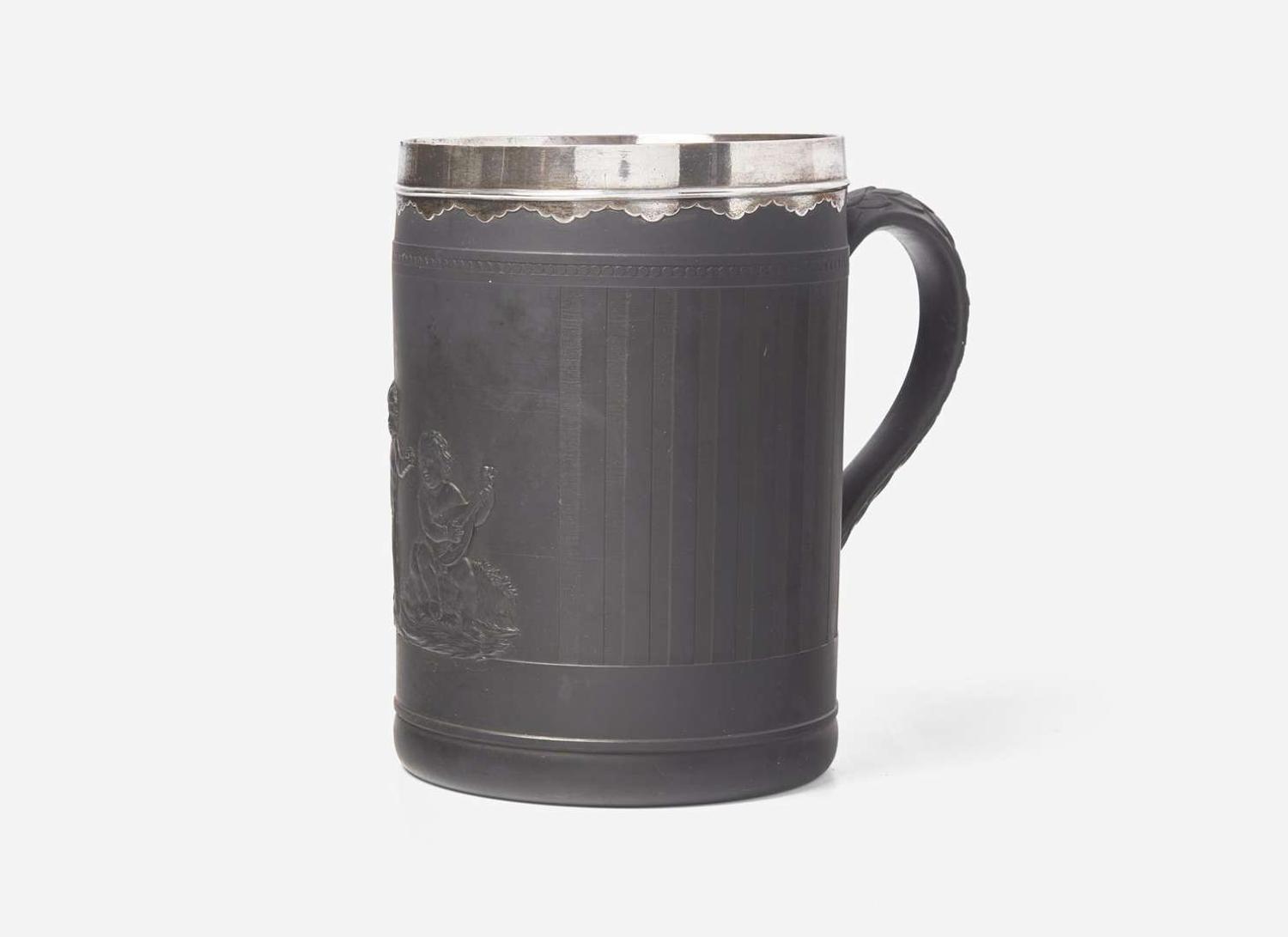 A Very Large Wedgwood Black Basalt Tankard with Silver Rim, UK, 1770s