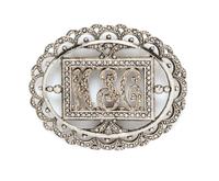 A Miriam Haskell Silvertone Monogram Oval Brooch, 2.5" x 2".