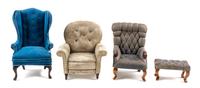 Three Upholstered Chairs Largest height 4 1/2 x width 2 3/4 x depth 2 1/2 inches. — Various Makers