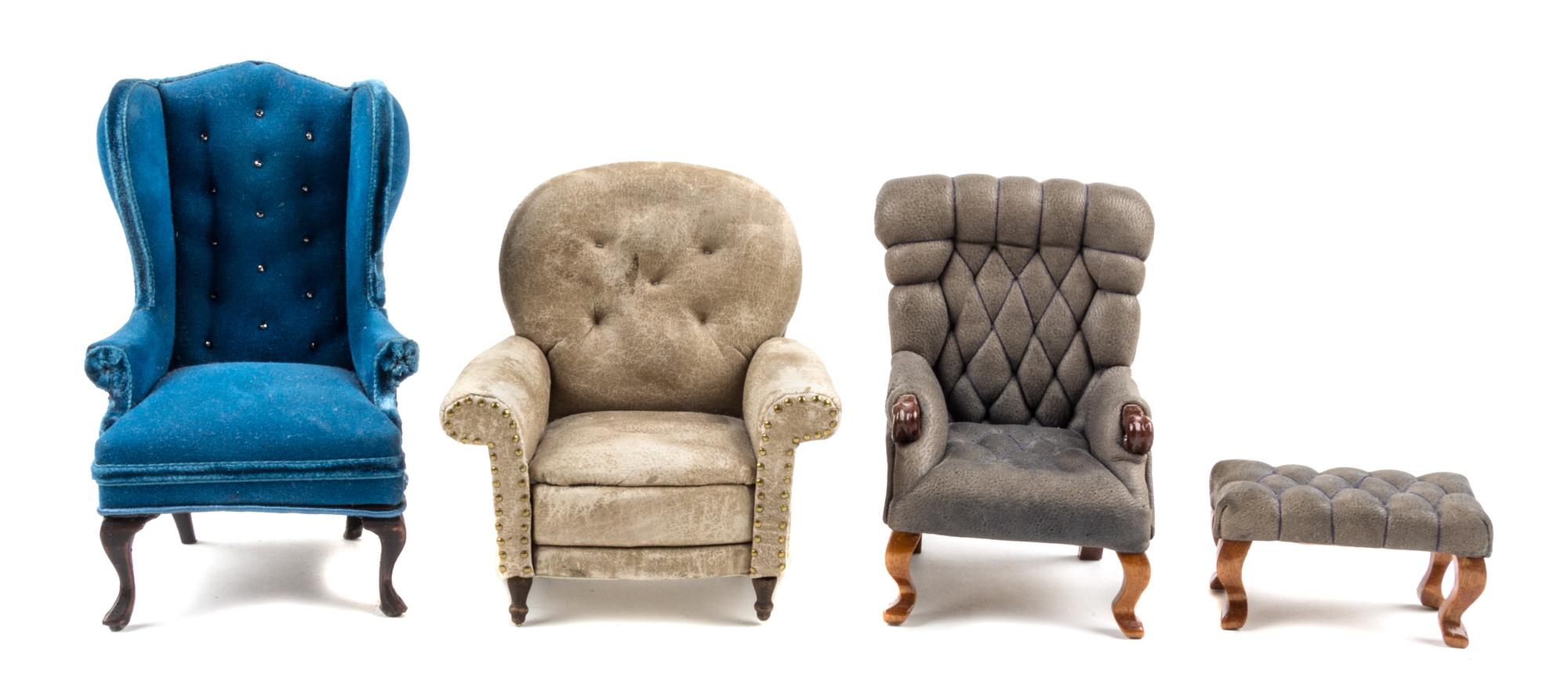Three Upholstered Chairs Largest height 4 1/2 x width 2 3/4 x depth 2 1/2 inches. — Various Makers