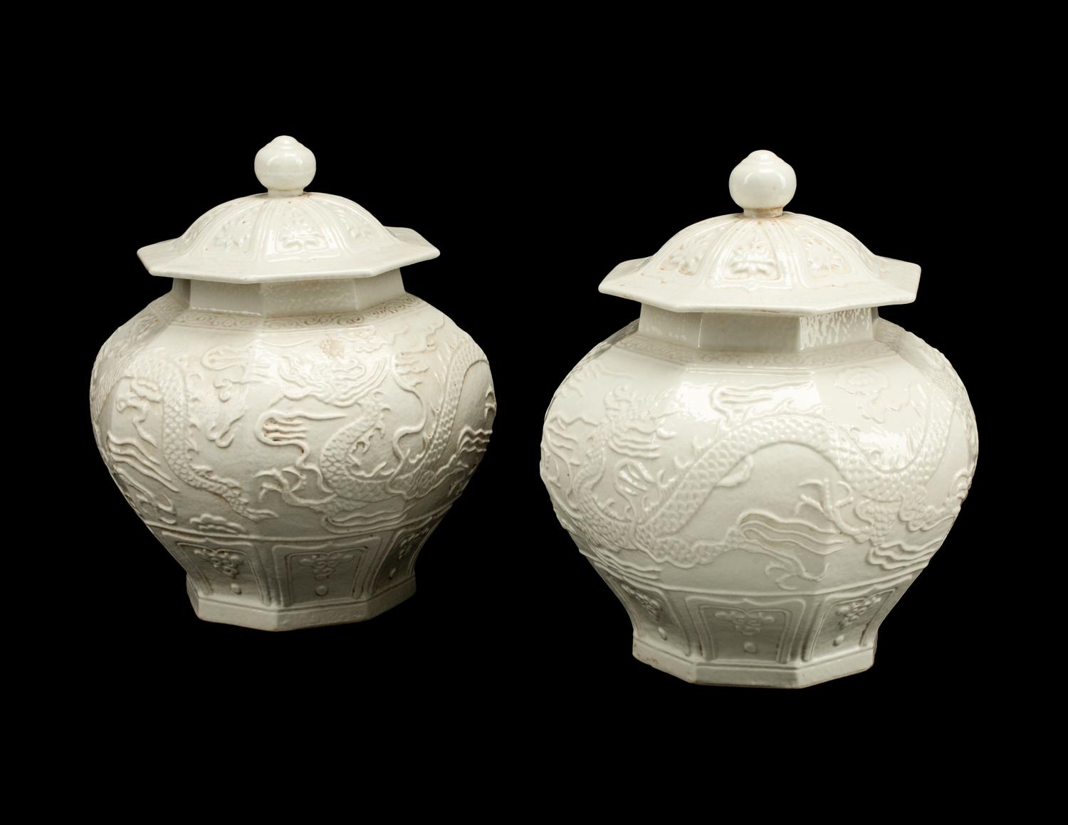 A Pair of Blanc de Chine Porcelain Hexagonal Jars